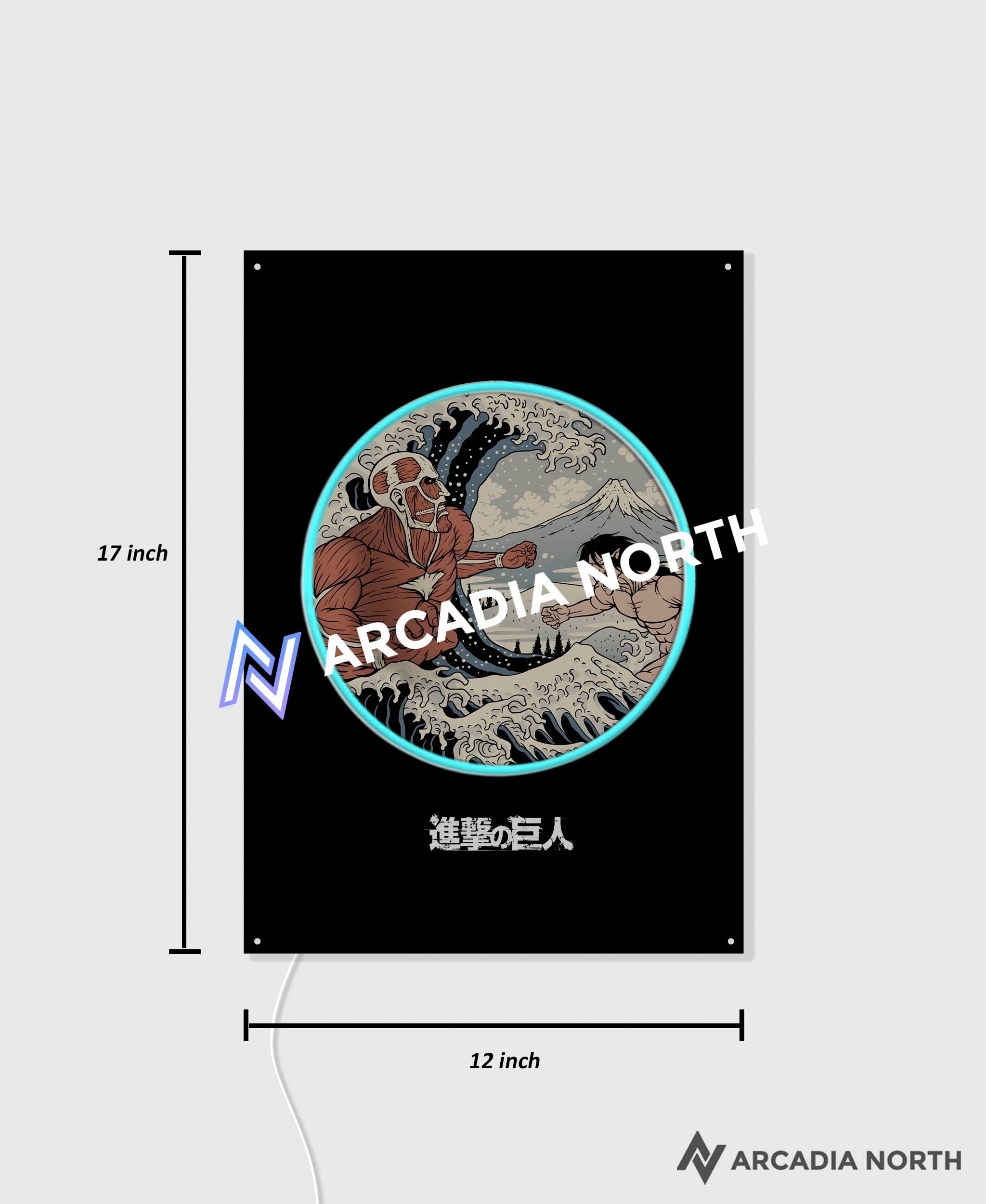 Arcadia North AURALIGHT Original LED Poster featuring the anime Attack on Titan drawn in ukiyo-e style based on The Great Wave off Kanagawa by Hokusai. UV-printed poster on acrylic and illuminated by neon LED lights.
