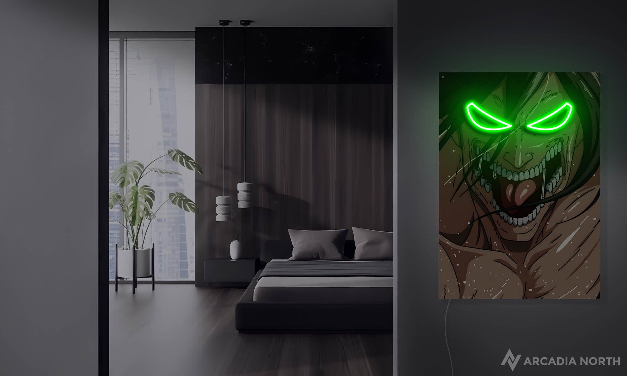 Modern bedroom with an Arcadia North LED Poster based on the anime Attack on Titan depicting Eren Yeager as the Attack Titan with glowing eyes