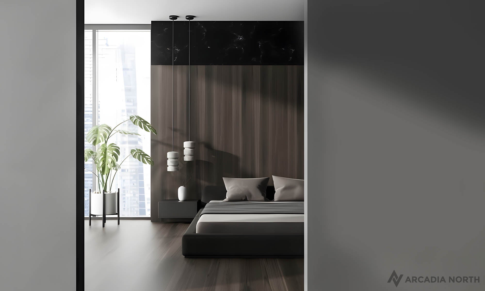 Modern bedroom with an empty wall above the bed