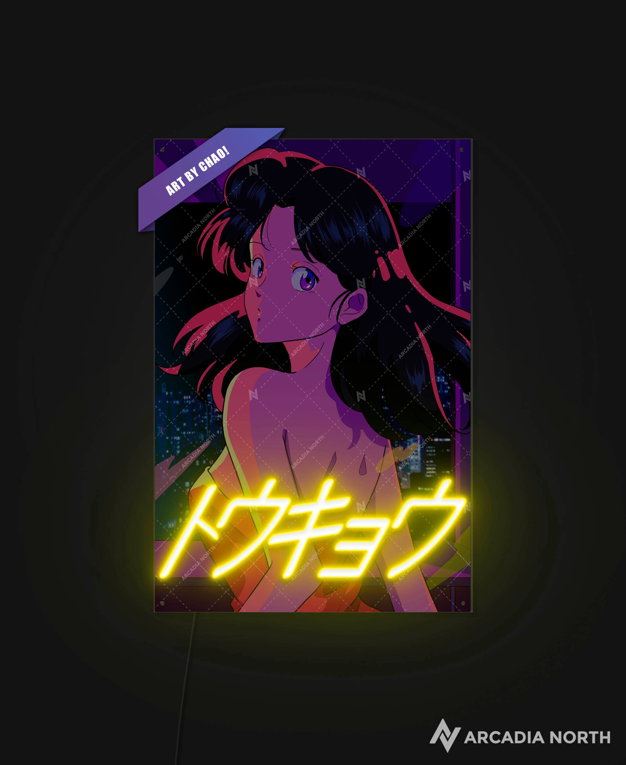 Arcadia North AURALIGHT - an illuminating acrylic poster that combines premium acrylic prints with LED neon lighting. A retro 80s anime aesthetic girl in a red dress. City pop vibe. Tokyo is written in neon Katakana. TOKYO by Japanese artist chao!. Illuminating acrylic wall art printed on acrylic. LED poster.