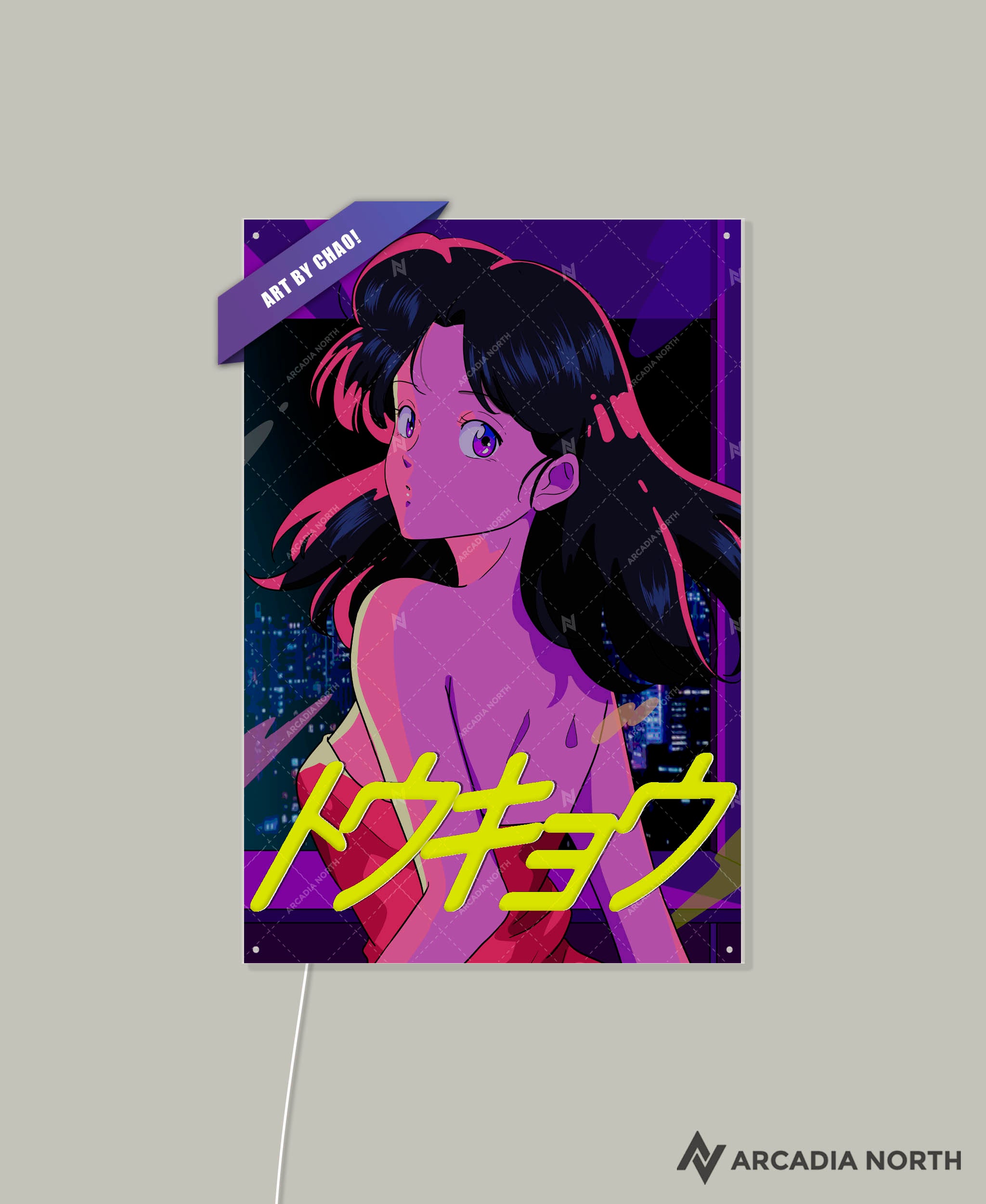 Arcadia North AURALIGHT - an illuminating acrylic poster that combines premium acrylic prints with LED neon lighting. A retro 80s anime aesthetic girl in a red dress. City pop vibe. Tokyo is written in neon Katakana. TOKYO by Japanese artist chao!. Illuminating acrylic wall art printed on acrylic. LED poster.