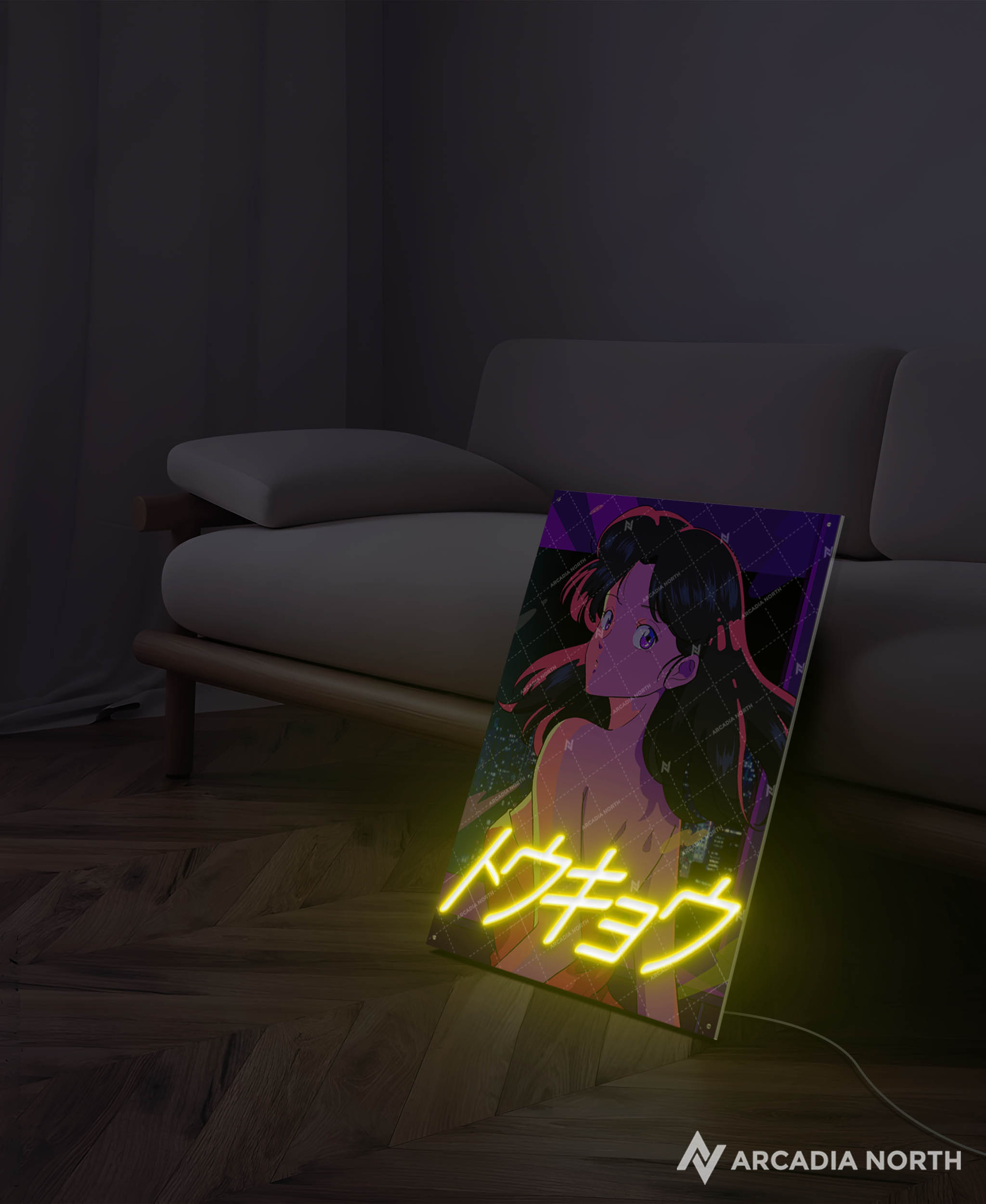 Arcadia North AURALIGHT - an illuminating acrylic poster that combines premium acrylic prints with LED neon lighting. A retro 80s anime aesthetic girl in a red dress. City pop vibe. Tokyo is written in neon Katakana. TOKYO by Japanese artist chao!. Illuminating acrylic wall art printed on acrylic. LED poster.