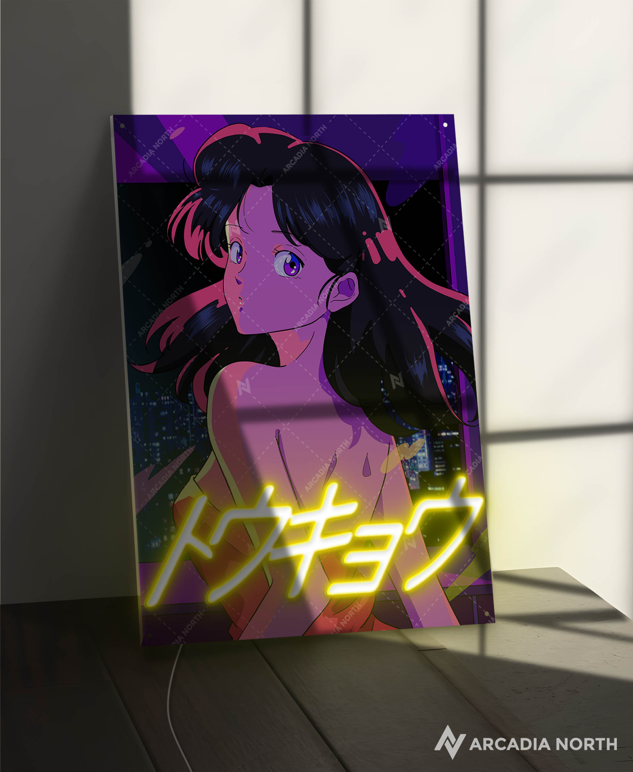 Arcadia North AURALIGHT - an illuminating acrylic poster that combines premium acrylic prints with LED neon lighting. A retro 80s anime aesthetic girl in a red dress. City pop vibe. Tokyo is written in neon Katakana. TOKYO by Japanese artist chao!. Illuminating acrylic wall art printed on acrylic. LED poster.