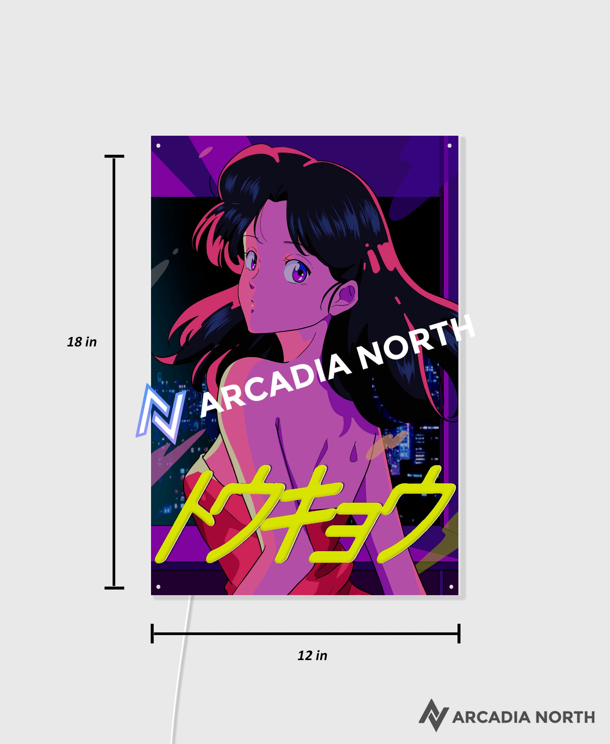 Arcadia North AURALIGHT - an illuminating acrylic poster that combines premium acrylic prints with LED neon lighting. A retro 80s anime aesthetic girl in a red dress. City pop vibe. Tokyo is written in neon Katakana. TOKYO by Japanese artist chao!. Illuminating acrylic wall art printed on acrylic. LED poster.