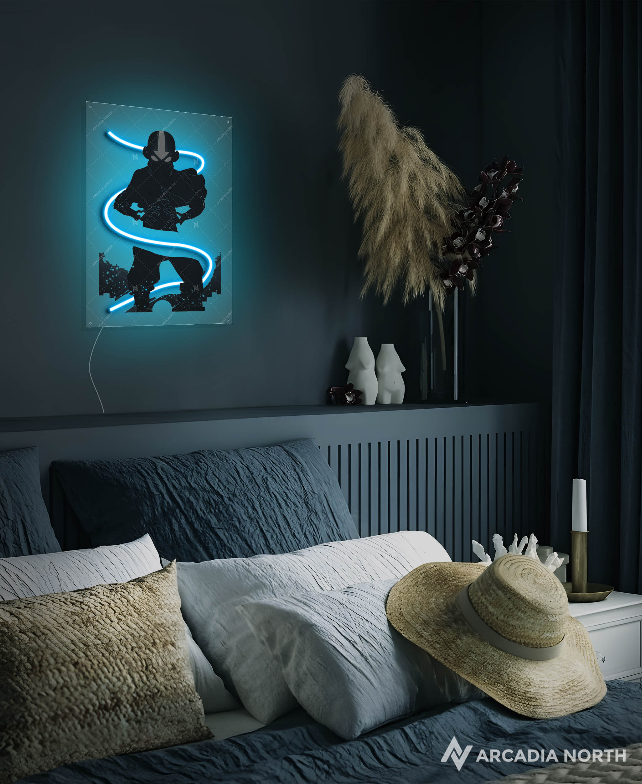 Arcadia North AURALIGHT - an LED Poster featuring the anime Avatar The Last Airbender with Aang airbending illuminated by glowing LED neon lights. UV-printed poster on acrylic.