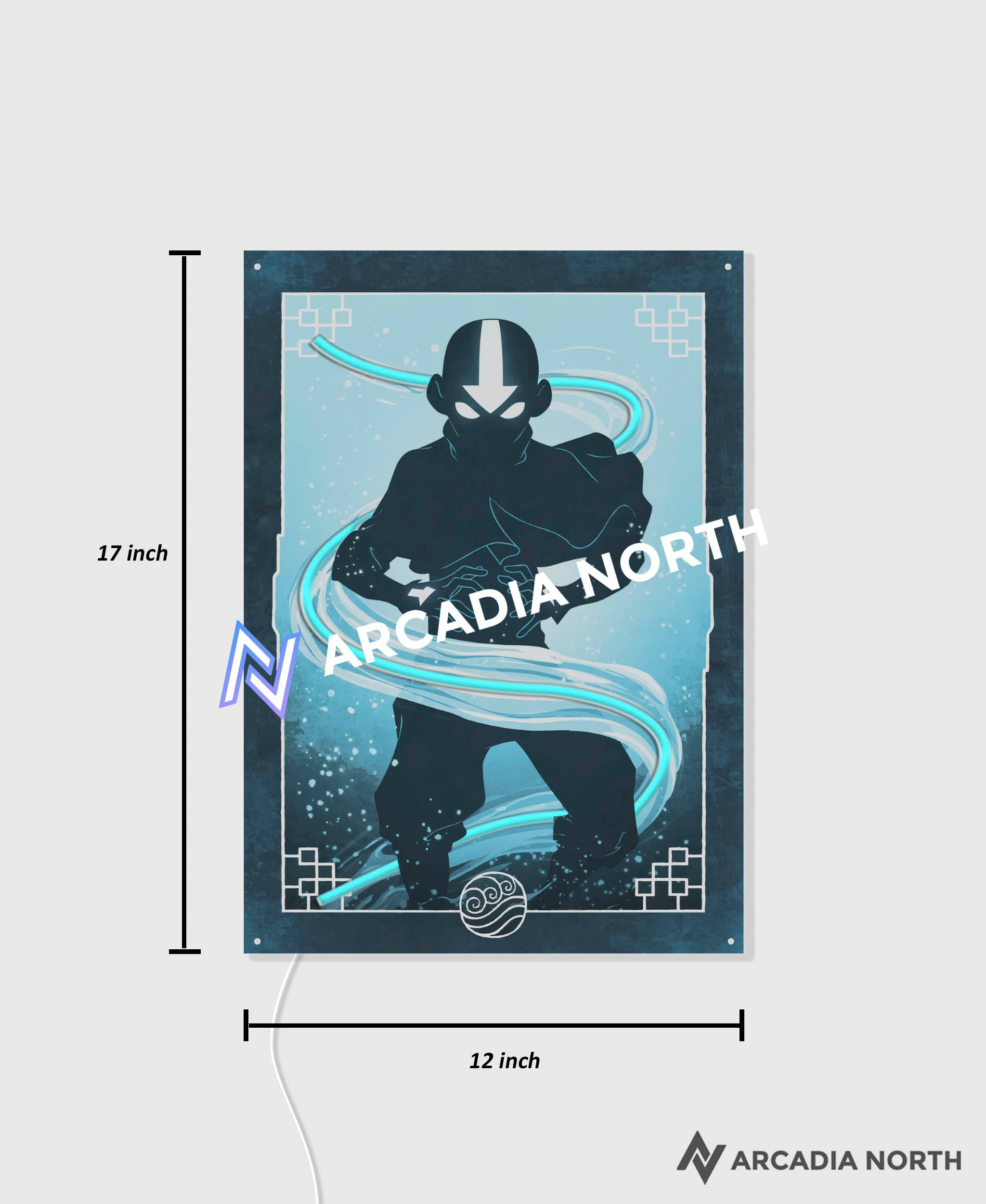 Arcadia North AURALIGHT - an LED Poster featuring the anime Avatar The Last Airbender with Aang airbending illuminated by glowing LED neon lights. UV-printed poster on acrylic.
