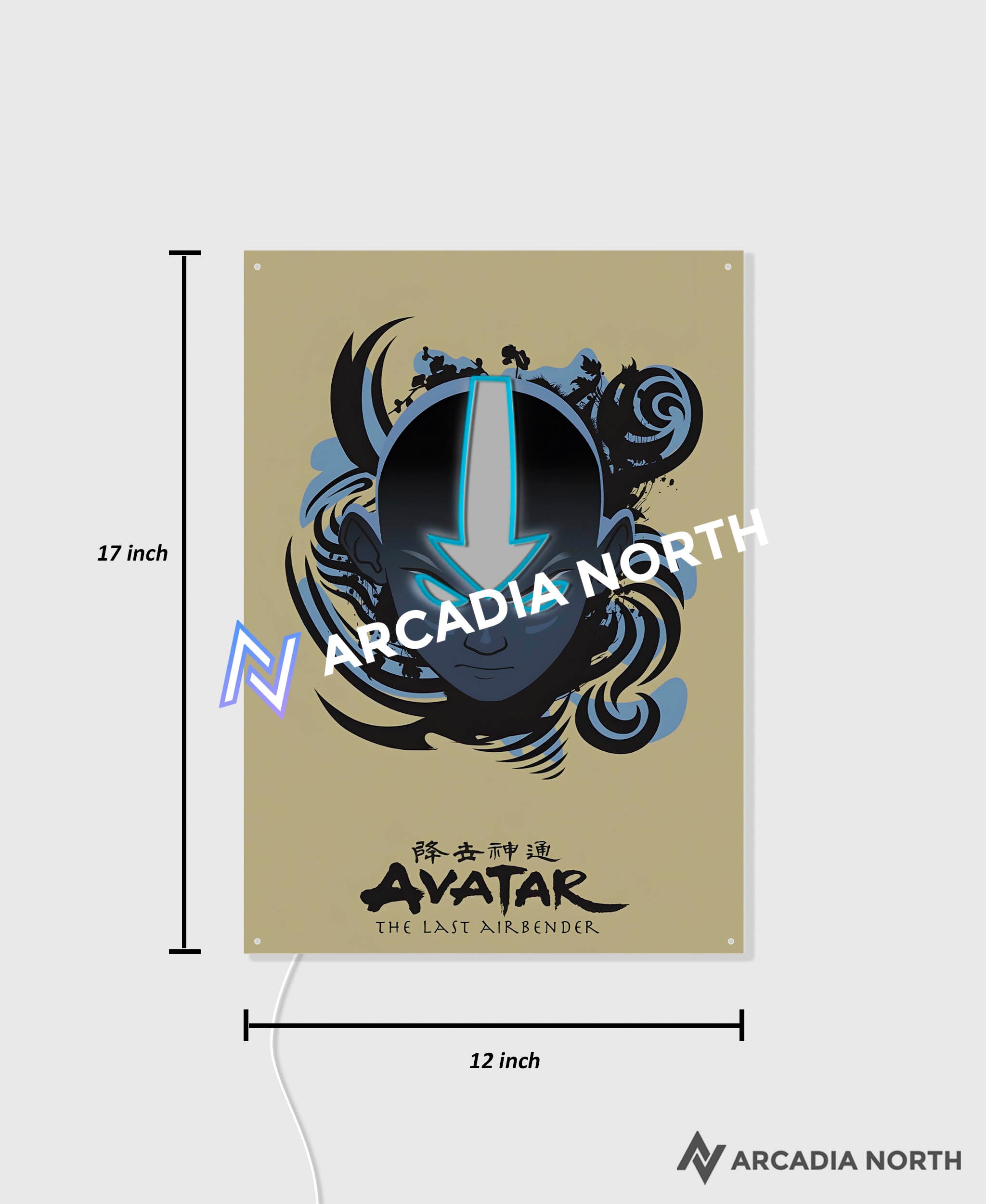Arcadia North AURALIGHT Original LED Poster featuring the anime Avatar The Last Airbender with Aang and his arrow tattoo illuminated by glowing LED neon lights like the Avatar State. UV-printed poster on acrylic.