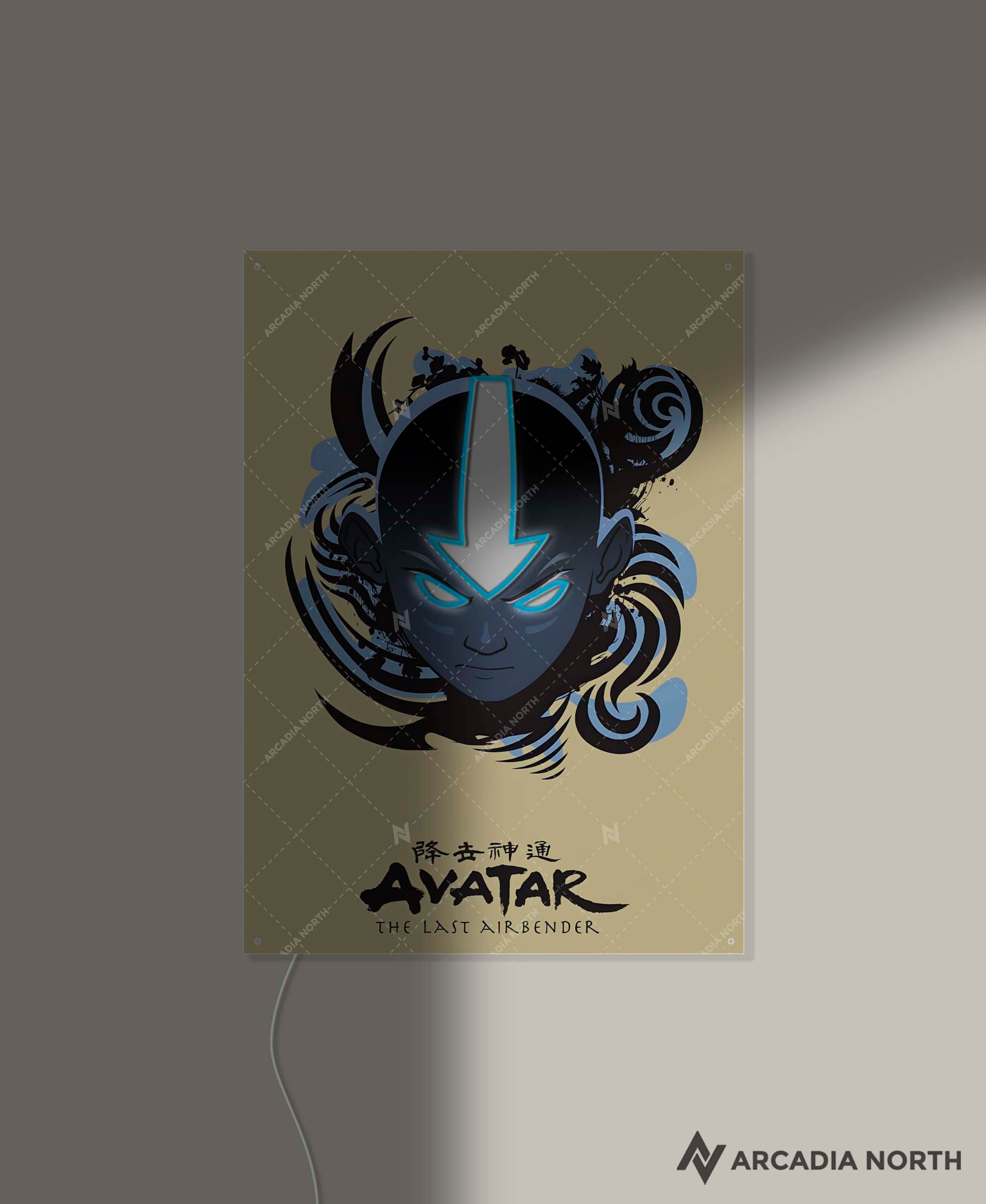 Arcadia North AURALIGHT - an LED Poster featuring the anime Avatar The Last Airbender with Aang and his arrow tattoo illuminated by glowing LED neon lights like the Avatar State. UV-printed poster on acrylic.
