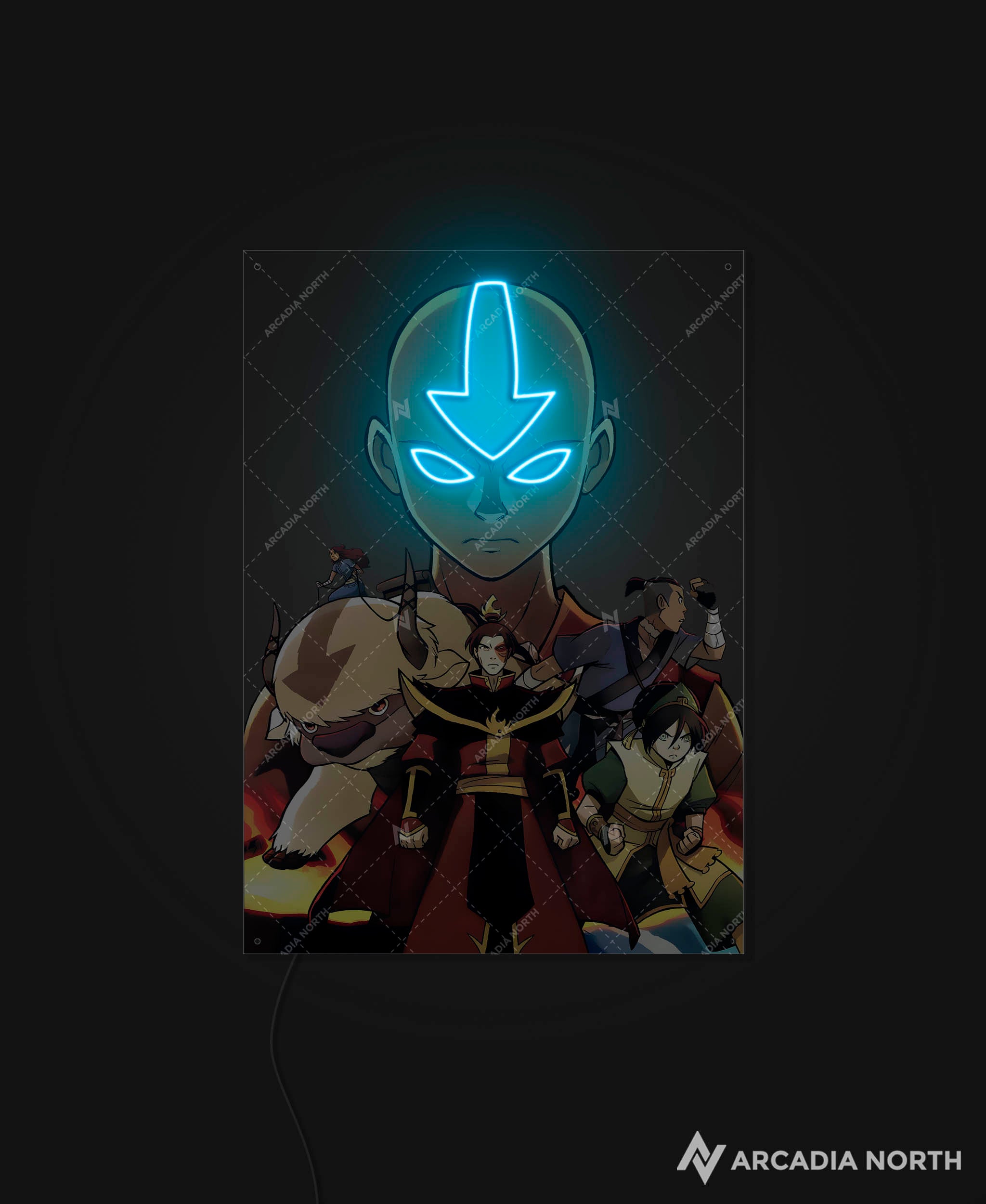 Arcadia North AURALIGHT - an LED Poster featuring the anime Avatar The Last Airbender with Aang, Zuko, Appa, Sokka, Katara, and Toph. Aang and his arrow tattoo are Illuminated by glowing LED neon lights like The Avatar State. UV-printed poster on acrylic.