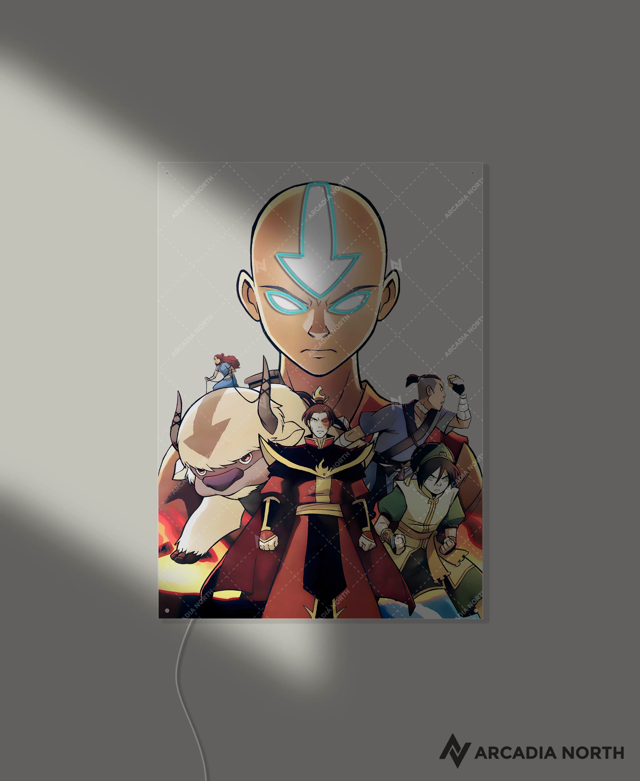 Arcadia North AURALIGHT - an LED Poster featuring the anime Avatar The Last Airbender with Aang, Zuko, Appa, Sokka, Katara, and Toph. Aang and his arrow tattoo are Illuminated by glowing LED neon lights like The Avatar State. UV-printed poster on acrylic.