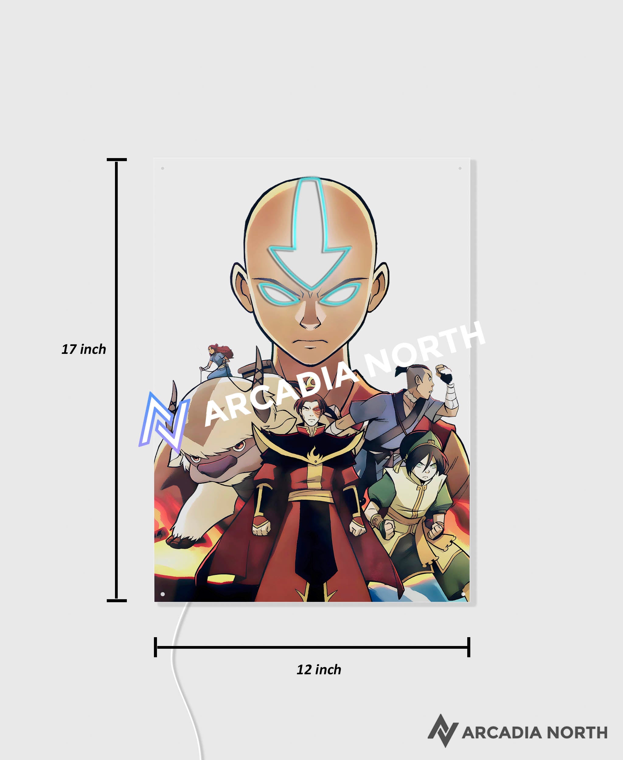 Arcadia North AURALIGHT Original LED Poster featuring the anime Avatar The Last Airbender with Aang, Zuko, Appa, Sokka, Katara, and Toph. Aang and his arrow tattoo are Illuminated by glowing LED neon lights like The Avatar State. UV-printed poster on acrylic.