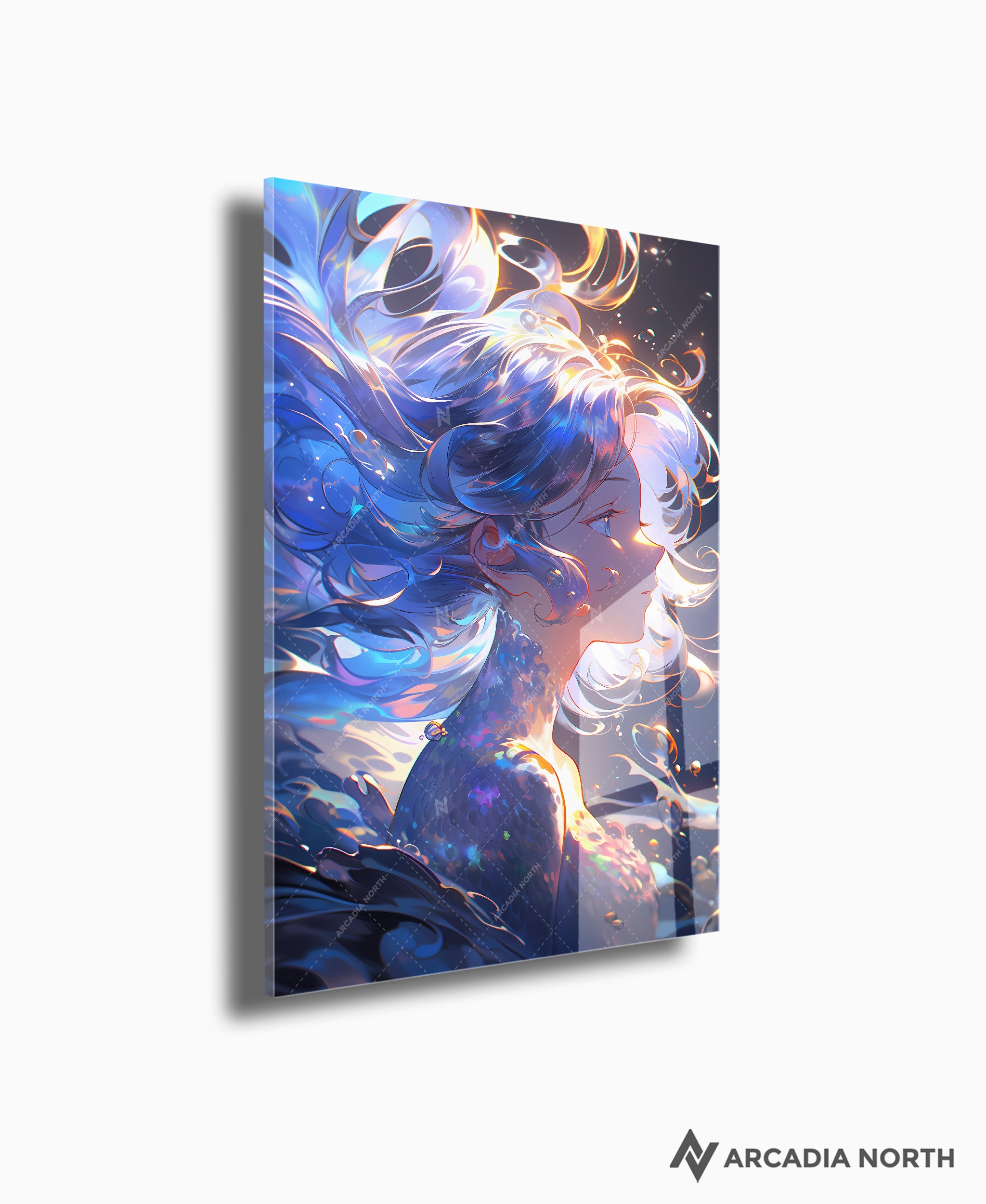 Acrylic poster of a beautiful glowing anime girl with iridescent hair in water. Celestia of the Waves by Arcadia North.