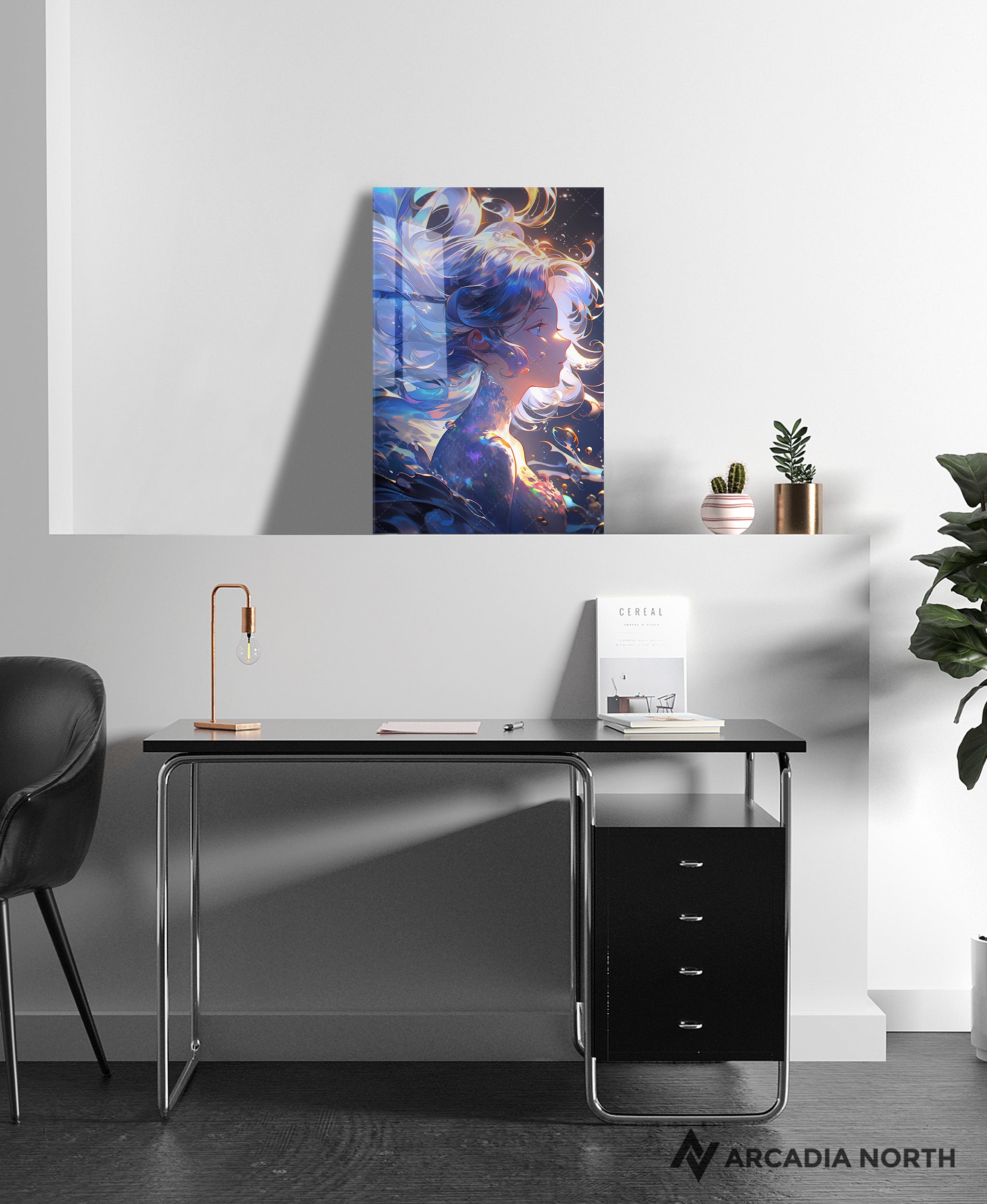 Acrylic poster of a beautiful glowing anime girl with iridescent hair in water. Celestia of the Waves by Arcadia North.