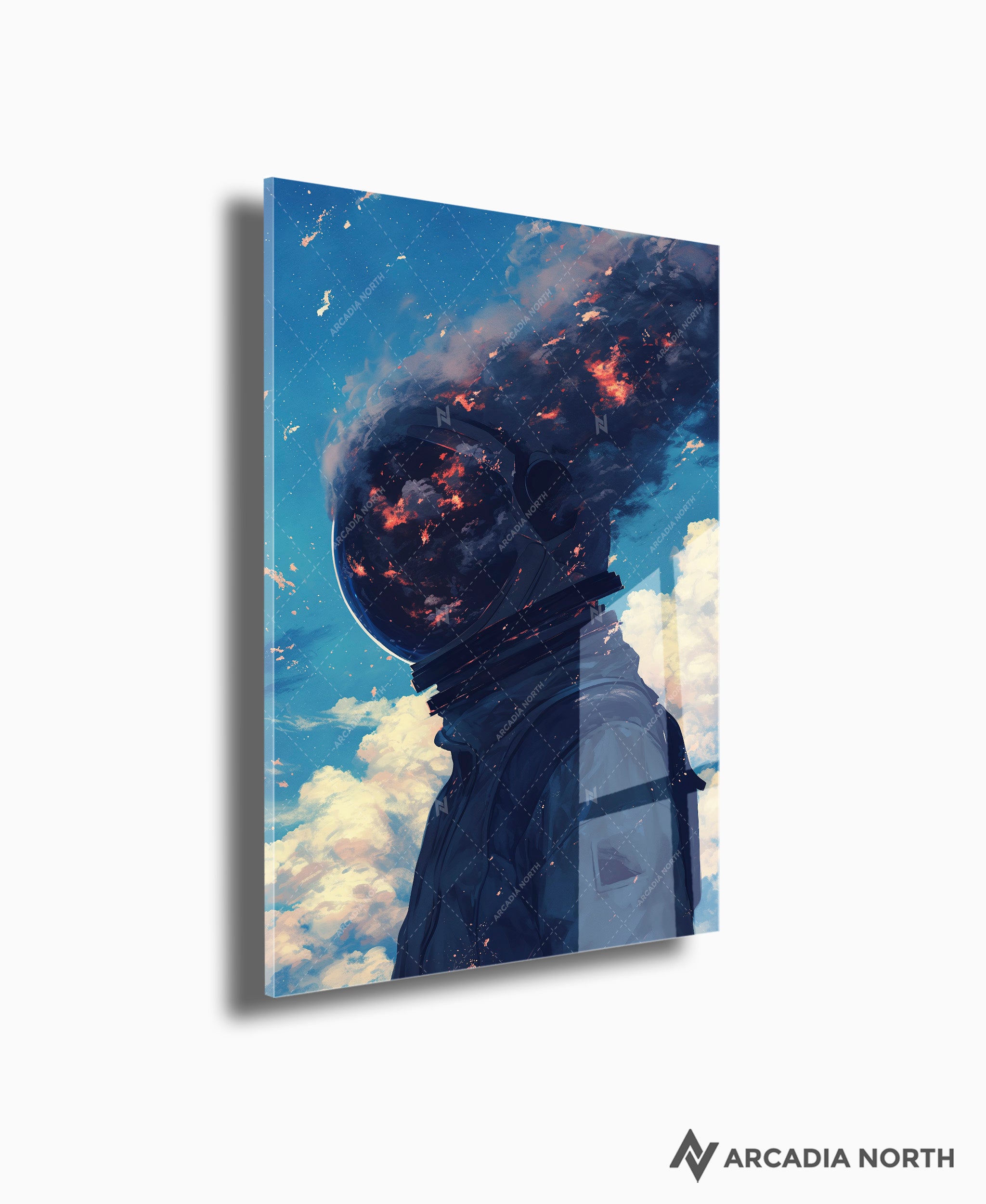 Acrylic poster of an astronaut with smoke coming out of their helmet. Combust by Arcadia North.