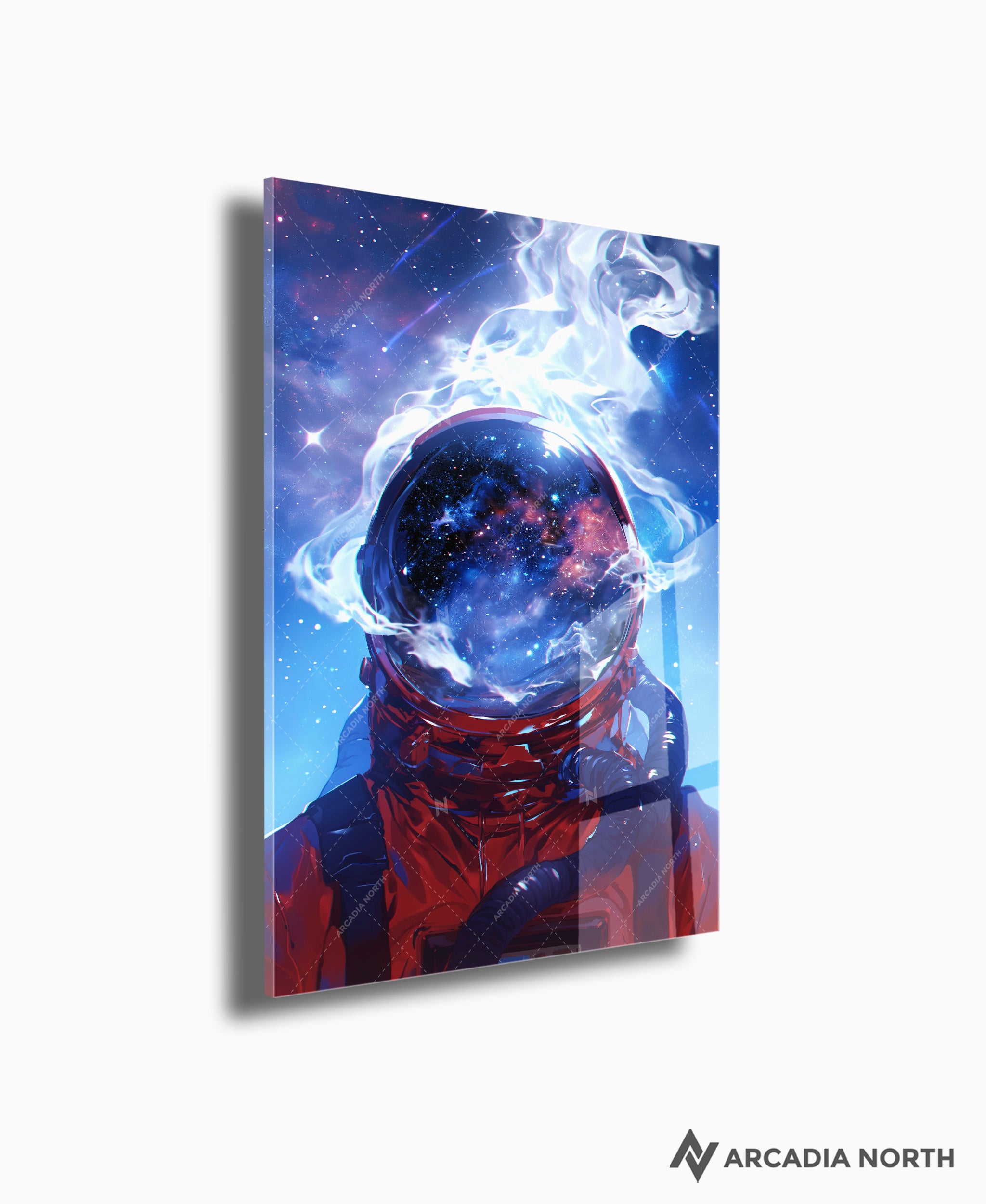 Acrylic poster of surreal art of an astronaut with smoke vapor coming out of their helmet. Cosmic Vapor by Arcadia North.