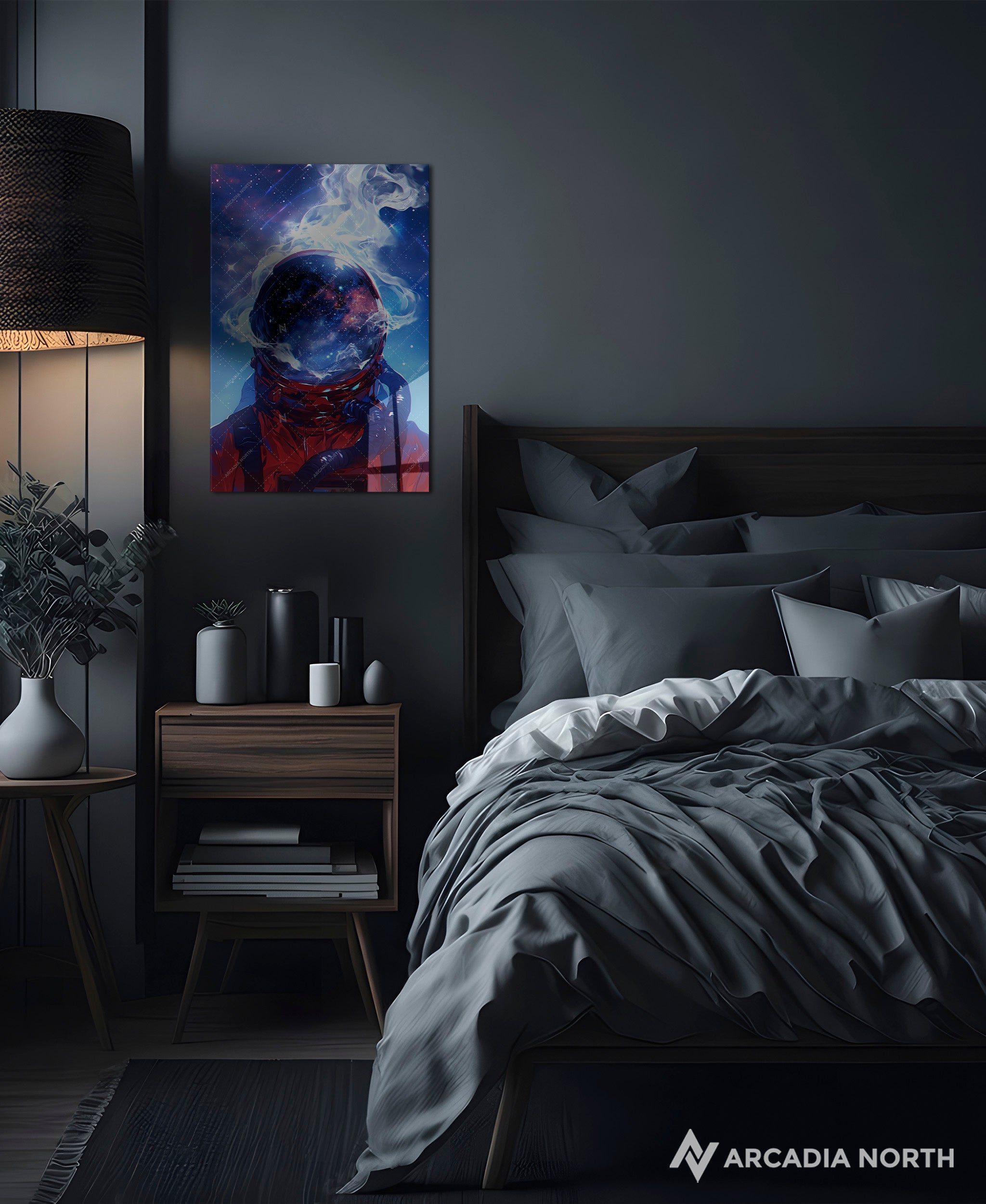 Acrylic poster of surreal art of an astronaut with smoke vapor coming out of their helmet. Cosmic Vapor by Arcadia North.