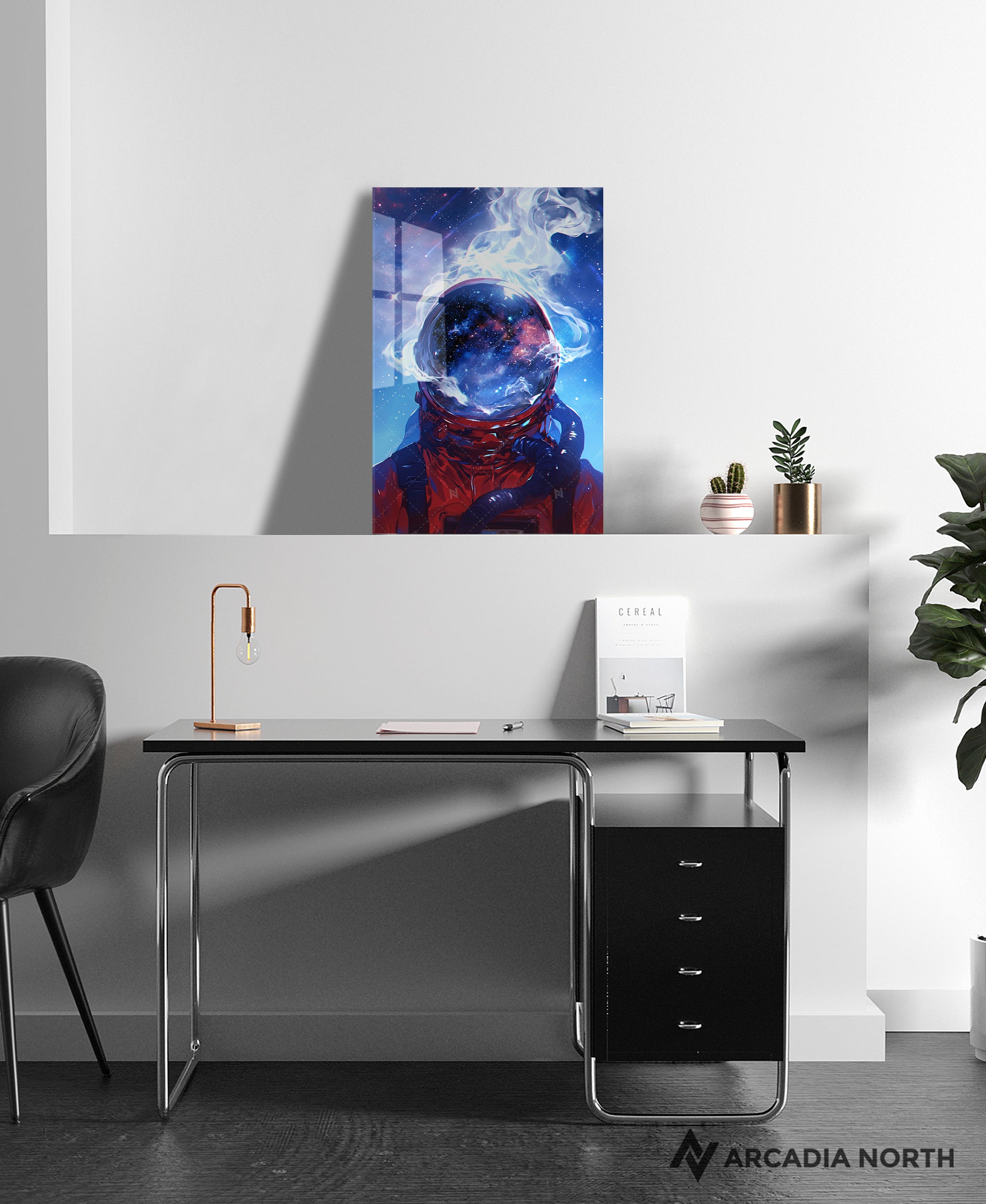 Acrylic poster of surreal art of an astronaut with smoke vapor coming out of their helmet. Cosmic Vapor by Arcadia North.