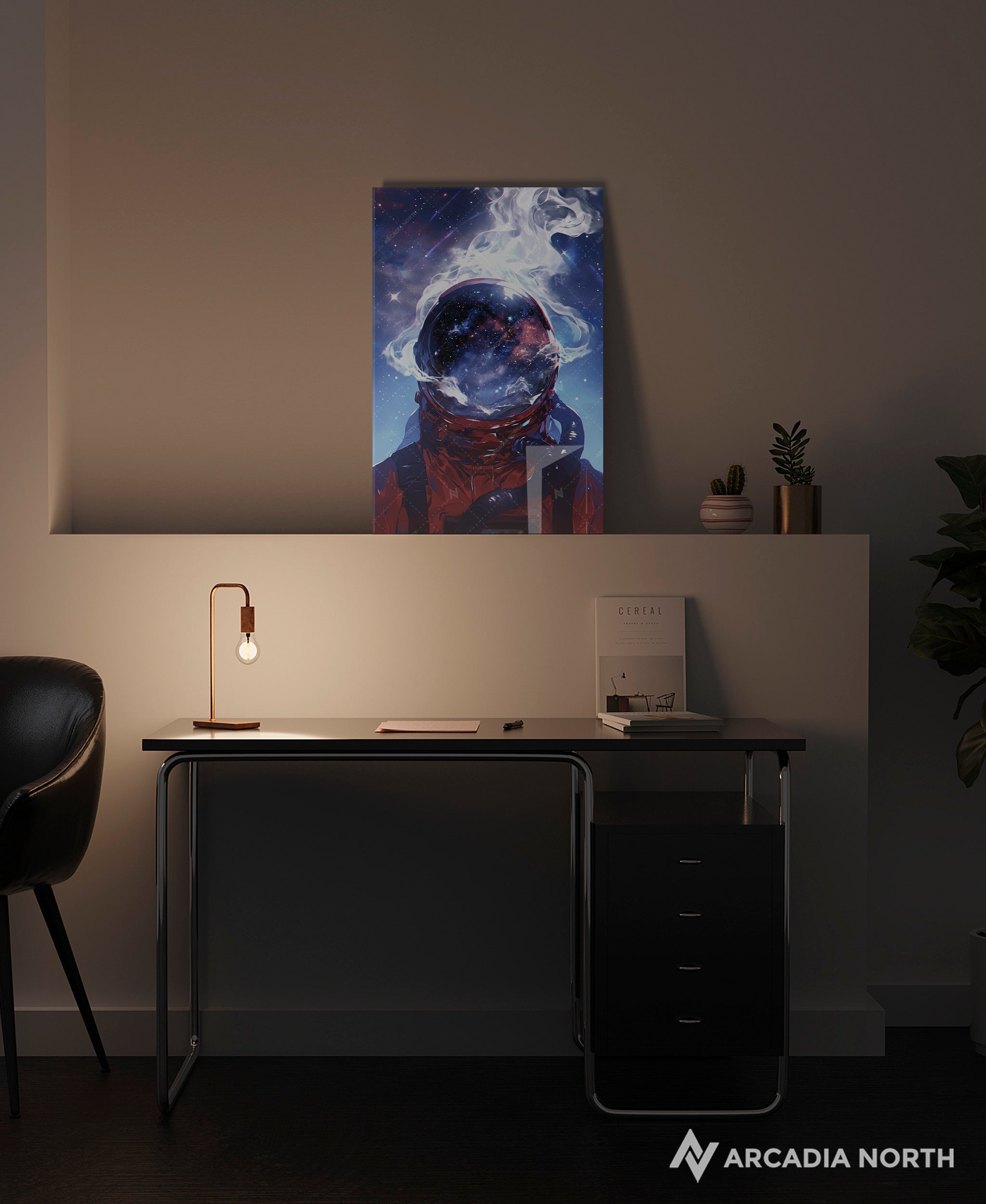 Acrylic poster of surreal art of an astronaut with smoke vapor coming out of their helmet. Cosmic Vapor by Arcadia North.