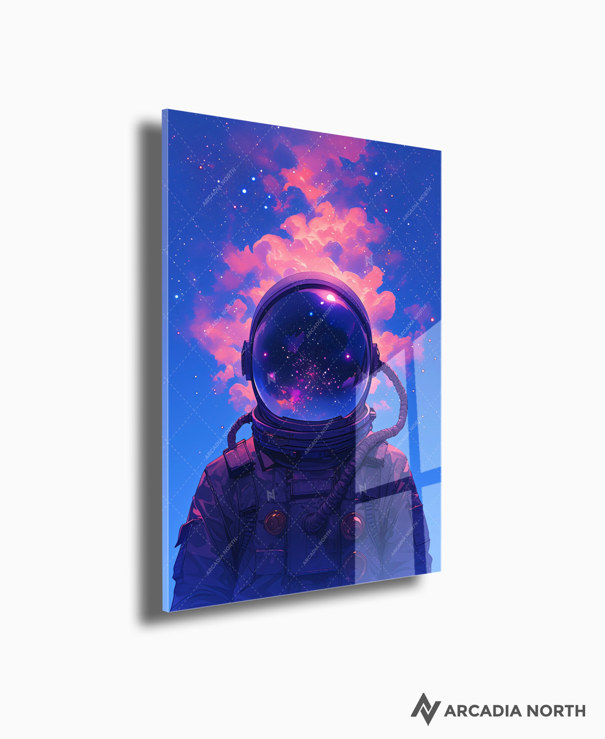 Acrylic poster of ethereal art of an astronaut with smoke coming out of their helmet and stars and galaxies in the helmet reflection. Head in the Clouds by Arcadia North.