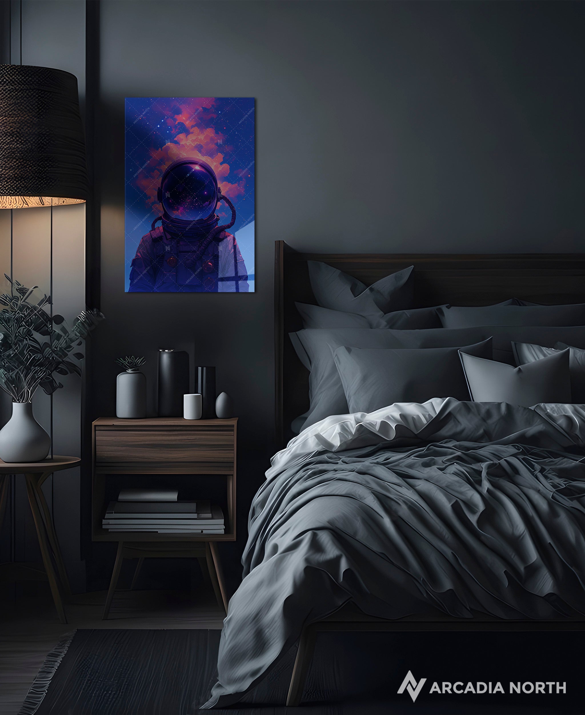 Acrylic poster of ethereal art of an astronaut with smoke coming out of their helmet and stars and galaxies in the helmet reflection. Head in the Clouds by Arcadia North.