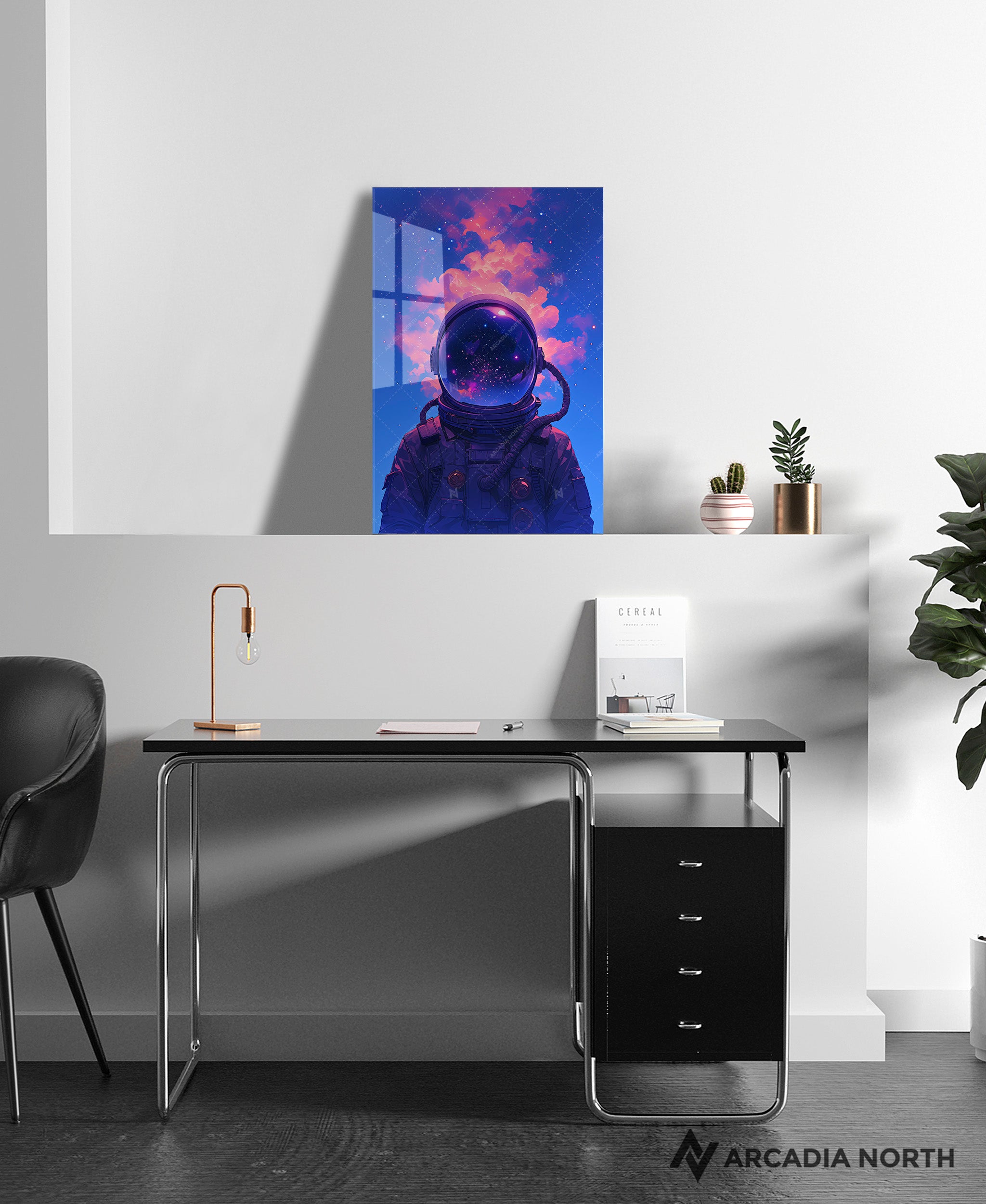 Acrylic poster of ethereal art of an astronaut with smoke coming out of their helmet and stars and galaxies in the helmet reflection. Head in the Clouds by Arcadia North.