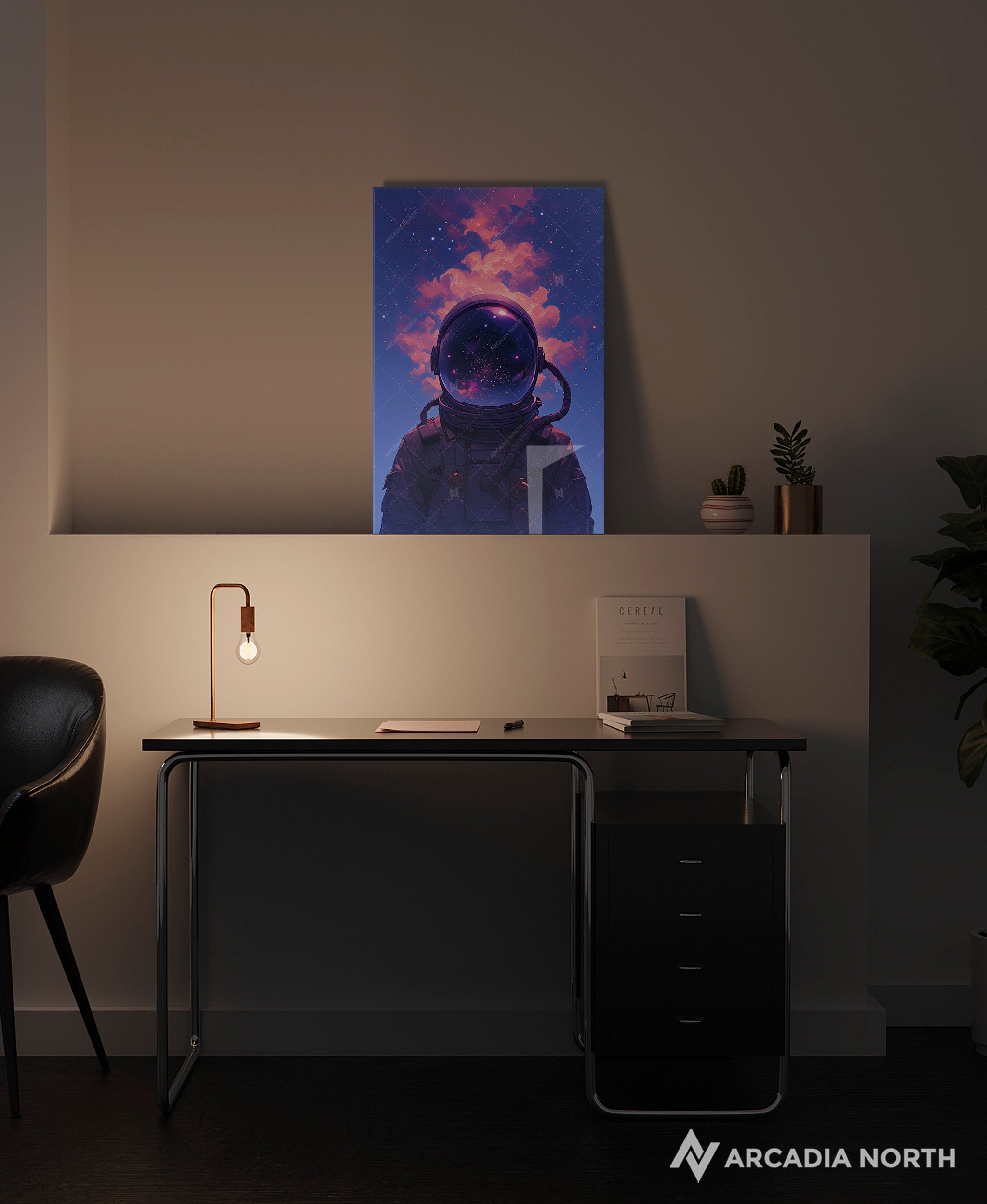 Acrylic poster of ethereal art of an astronaut with smoke coming out of their helmet and stars and galaxies in the helmet reflection. Head in the Clouds by Arcadia North.