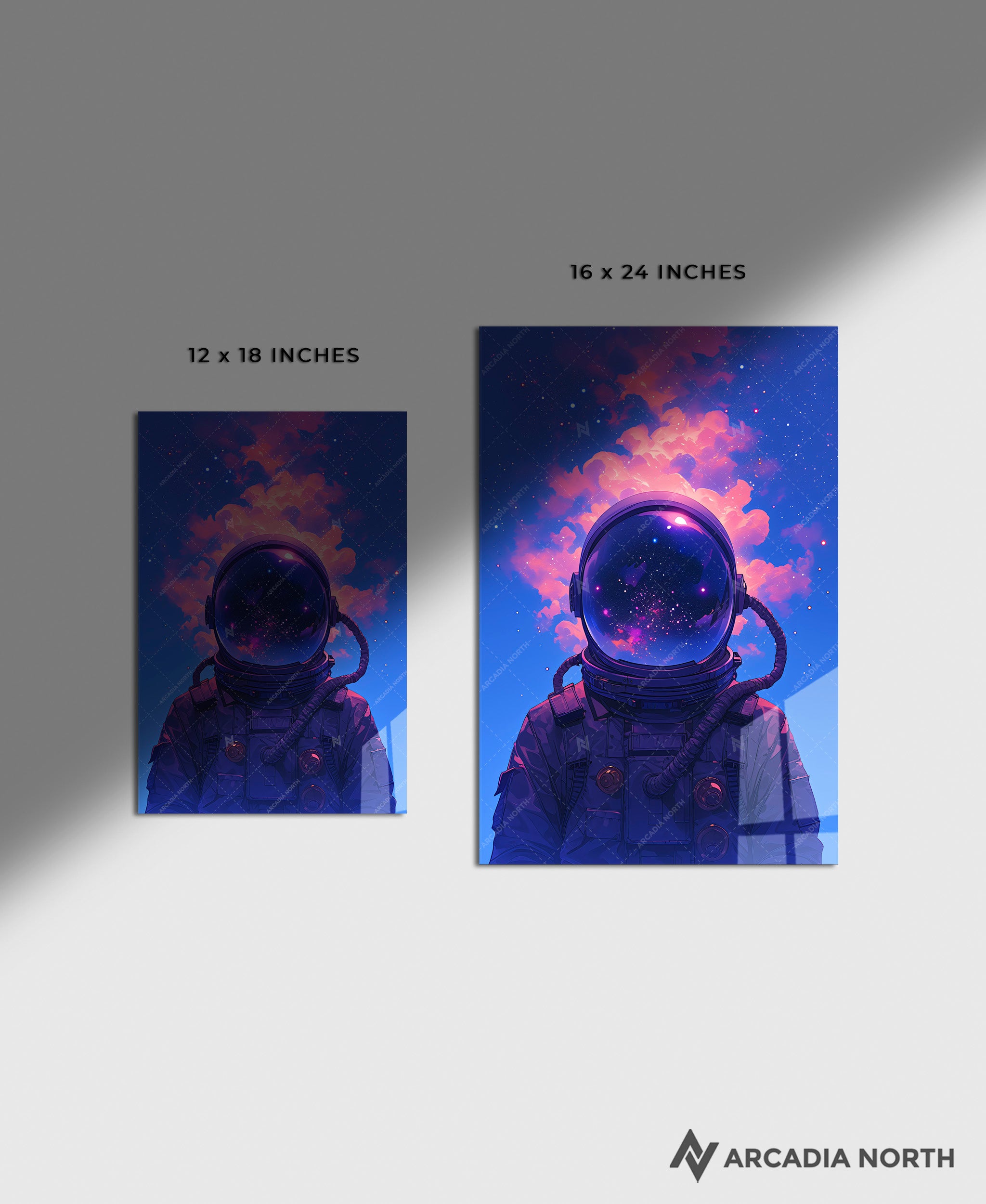 Acrylic poster of ethereal art of an astronaut with smoke coming out of their helmet and stars and galaxies in the helmet reflection. Head in the Clouds by Arcadia North.