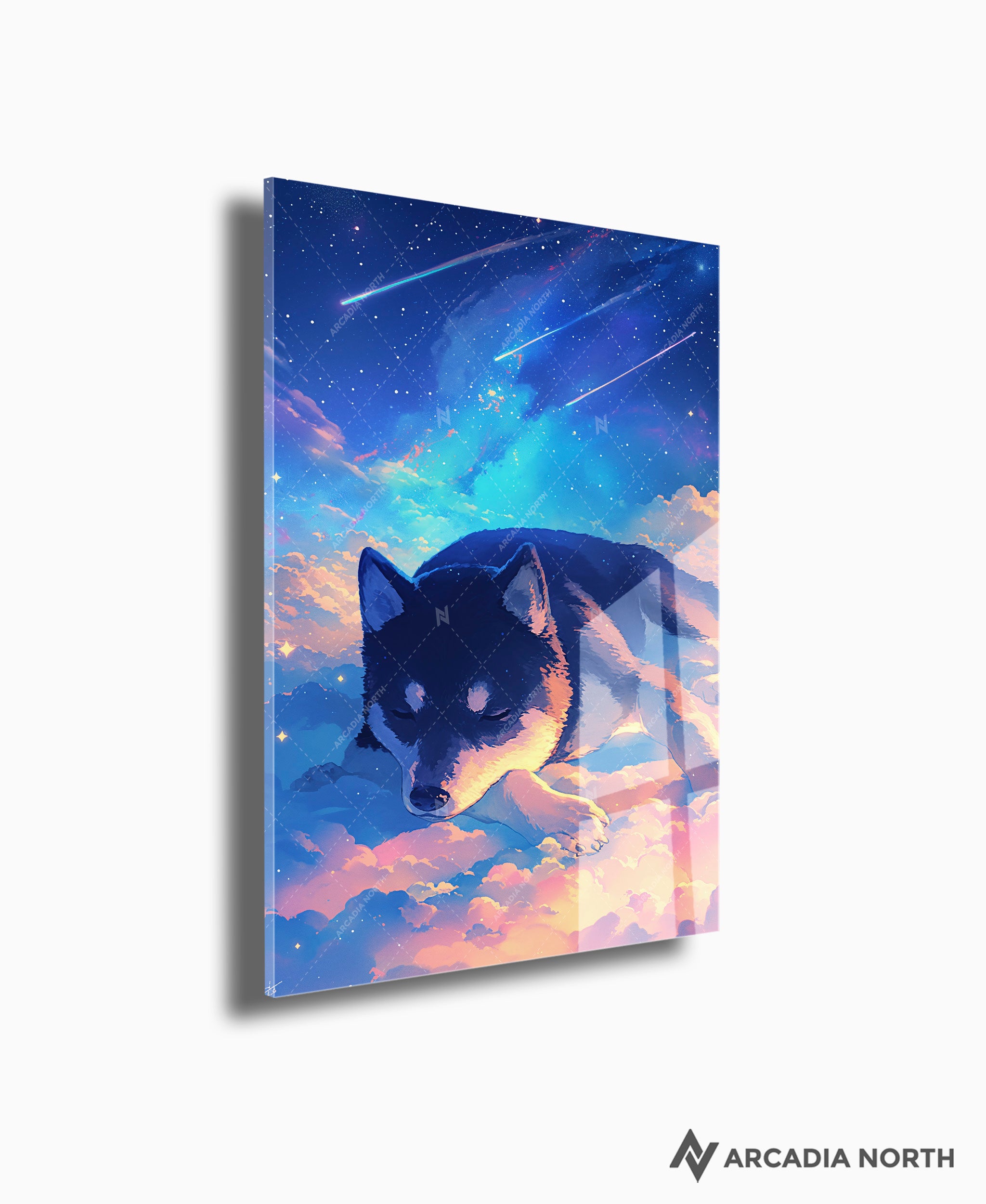 Acrylic poster of a cute black and tan shiba inu puppy sleeping on a cloud with beautiful stars in the background. Shiba in the Stars by Arcadia North.