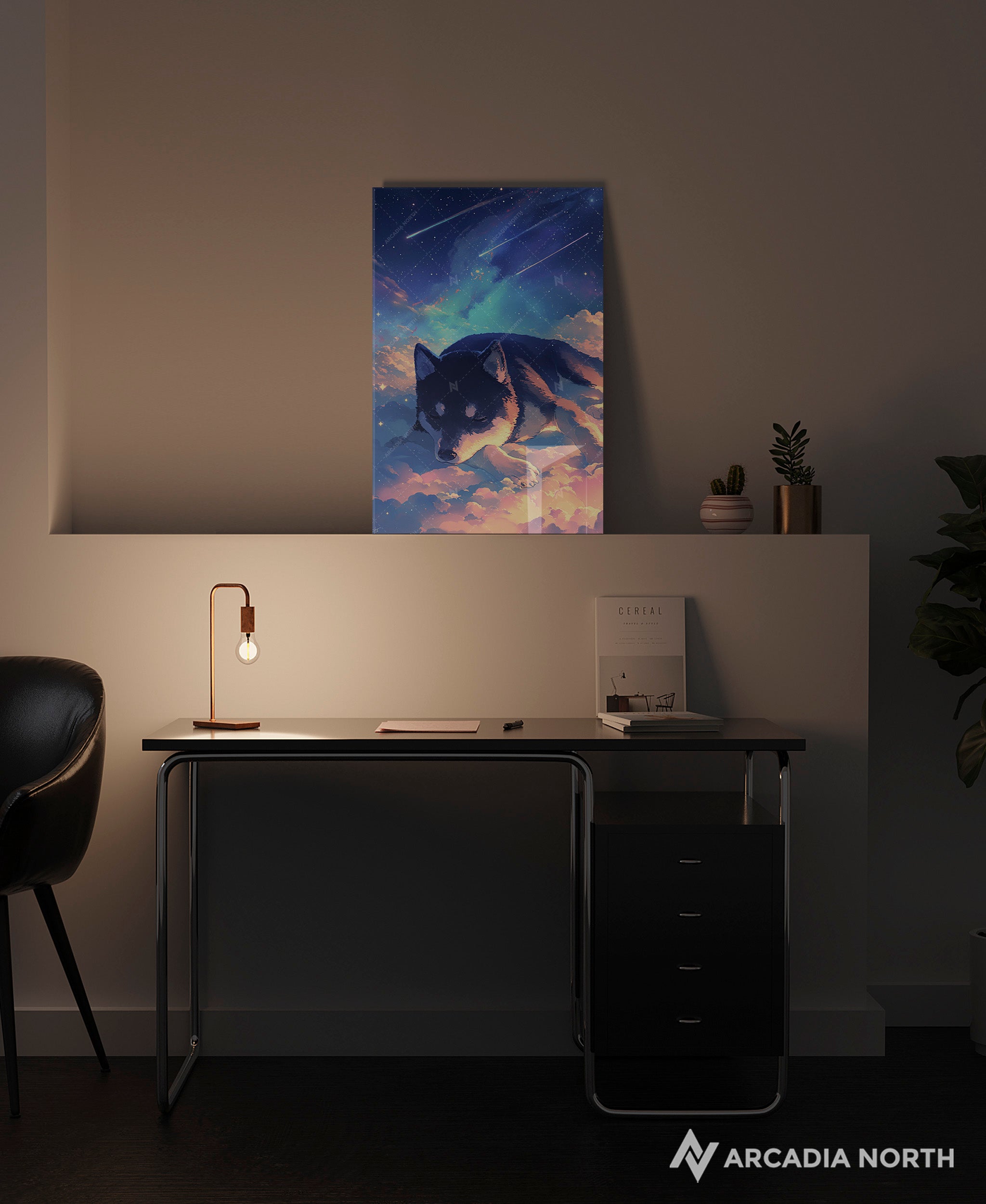 Acrylic poster of a cute black and tan shiba inu puppy sleeping on a cloud with beautiful stars in the background. Shiba in the Stars by Arcadia North.