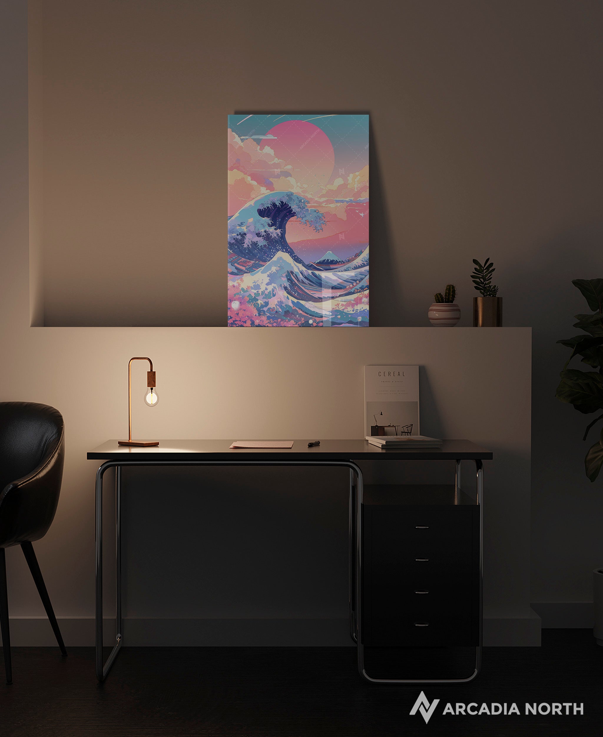 Acrylic poster of a pastel ethereal version of The Great Wave off Kanagawa. The Dreamwave off Kanagawa by Arcadia North.