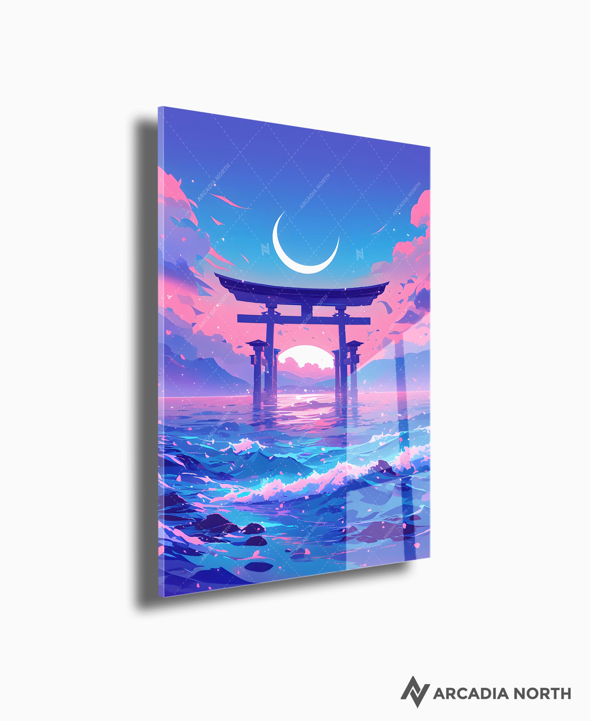 Acrylic poster of a pastel ethereal dreamscape of a Japanese torii gate in the water. Torii of Dreams by Arcadia North.