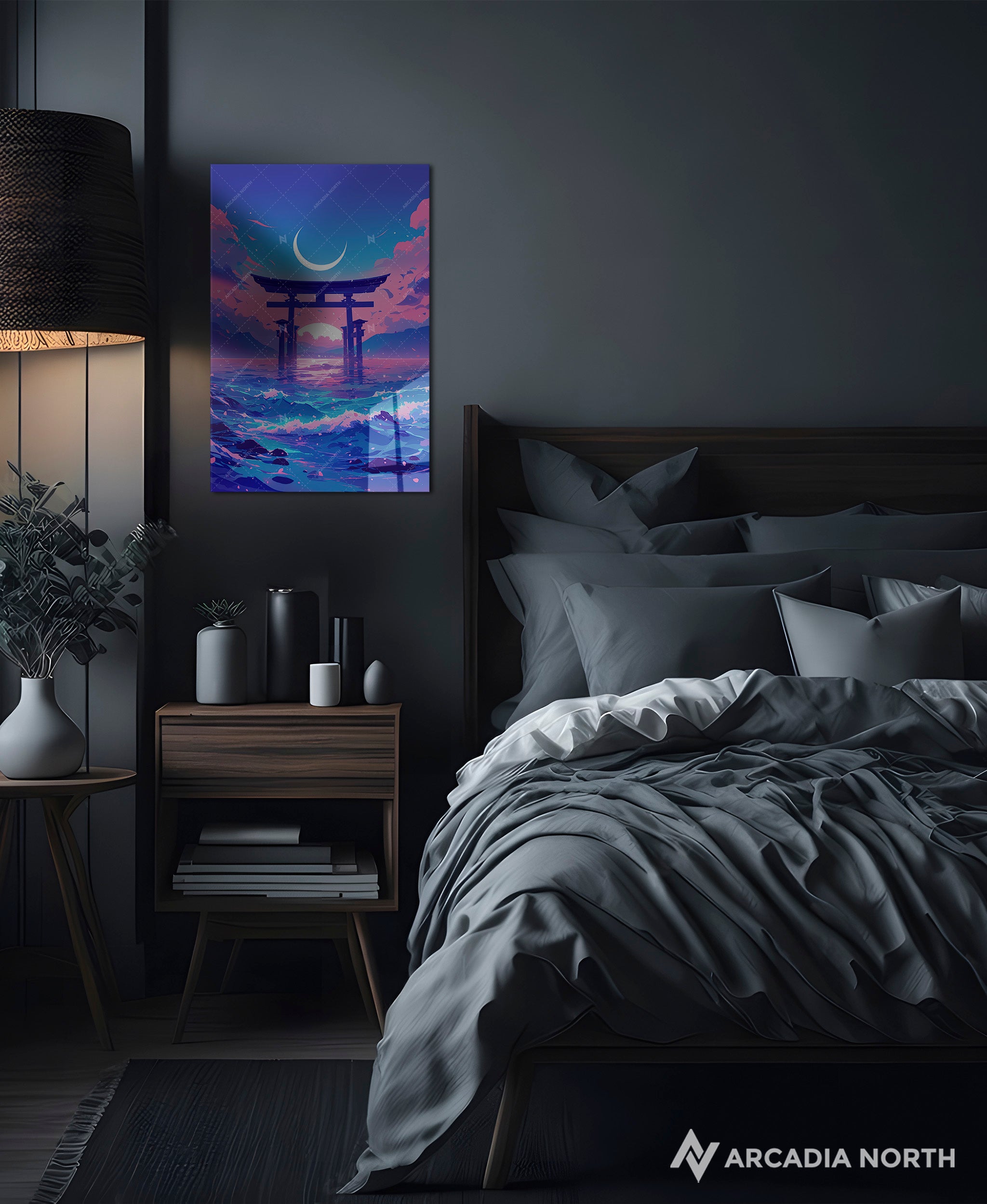 Acrylic poster of a pastel ethereal dreamscape of a Japanese torii gate in the water. Torii of Dreams by Arcadia North.