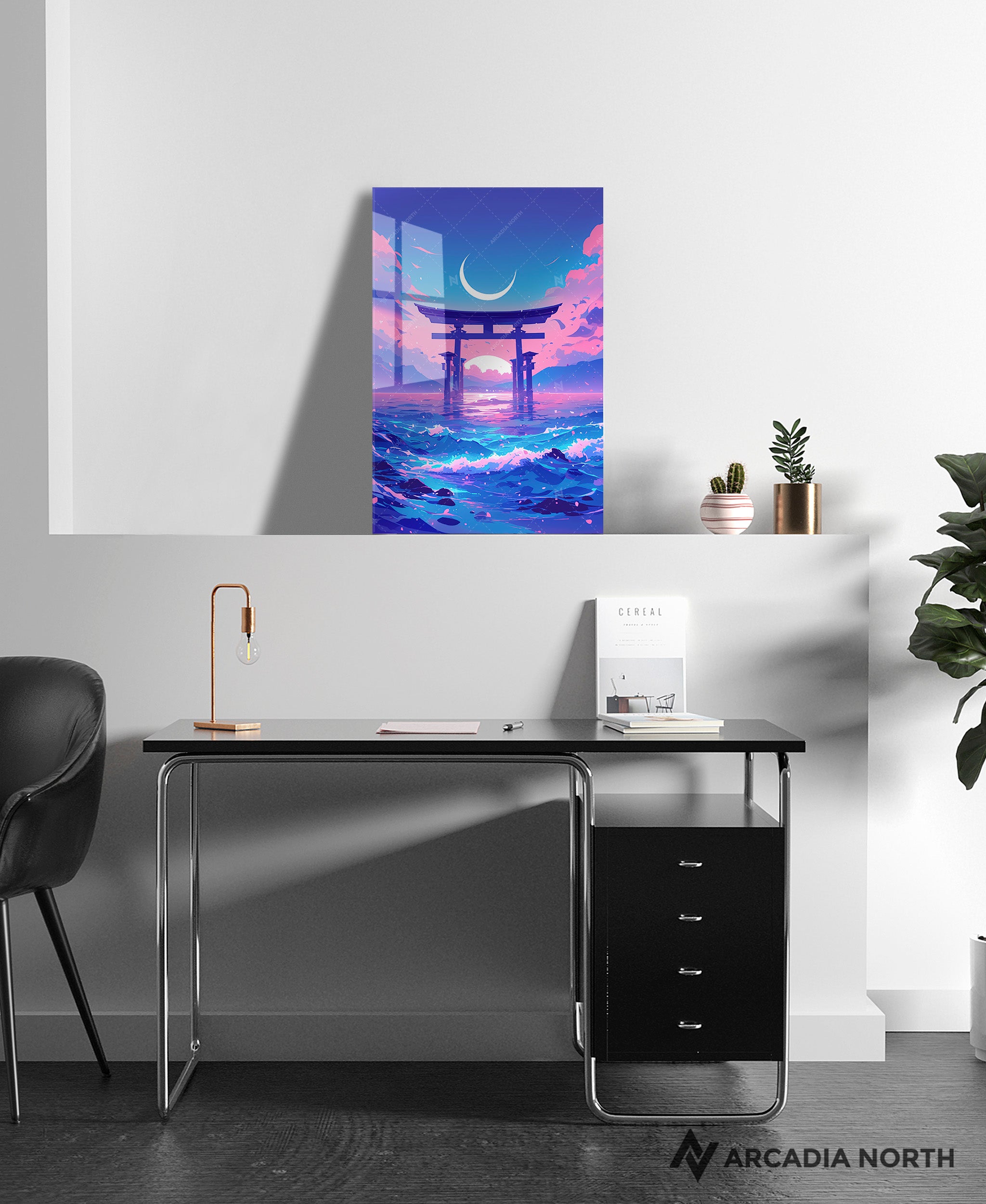 Acrylic poster of a pastel ethereal dreamscape of a Japanese torii gate in the water. Torii of Dreams by Arcadia North.