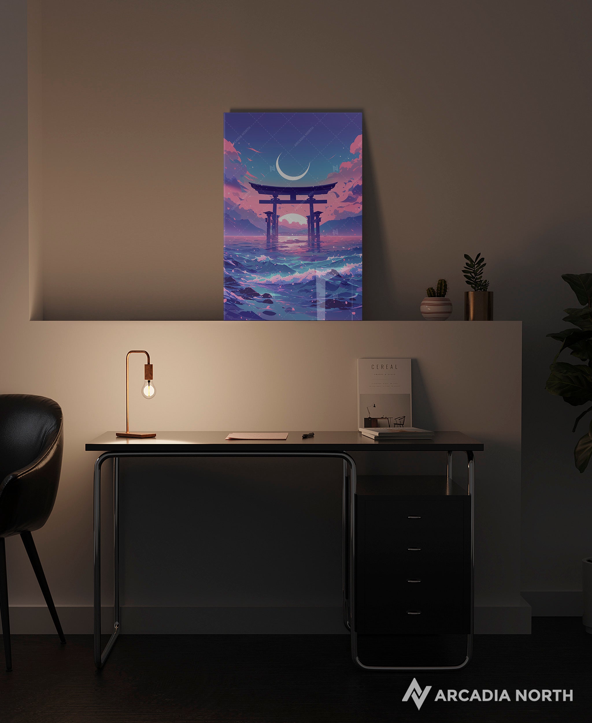 Acrylic poster of a pastel ethereal dreamscape of a Japanese torii gate in the water. Torii of Dreams by Arcadia North.