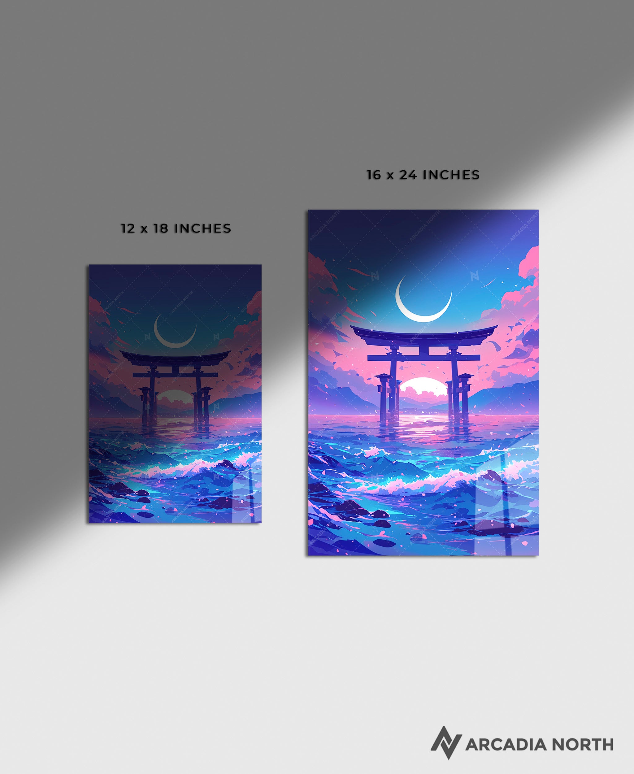 Acrylic poster of a pastel ethereal dreamscape of a Japanese torii gate in the water. Torii of Dreams by Arcadia North.