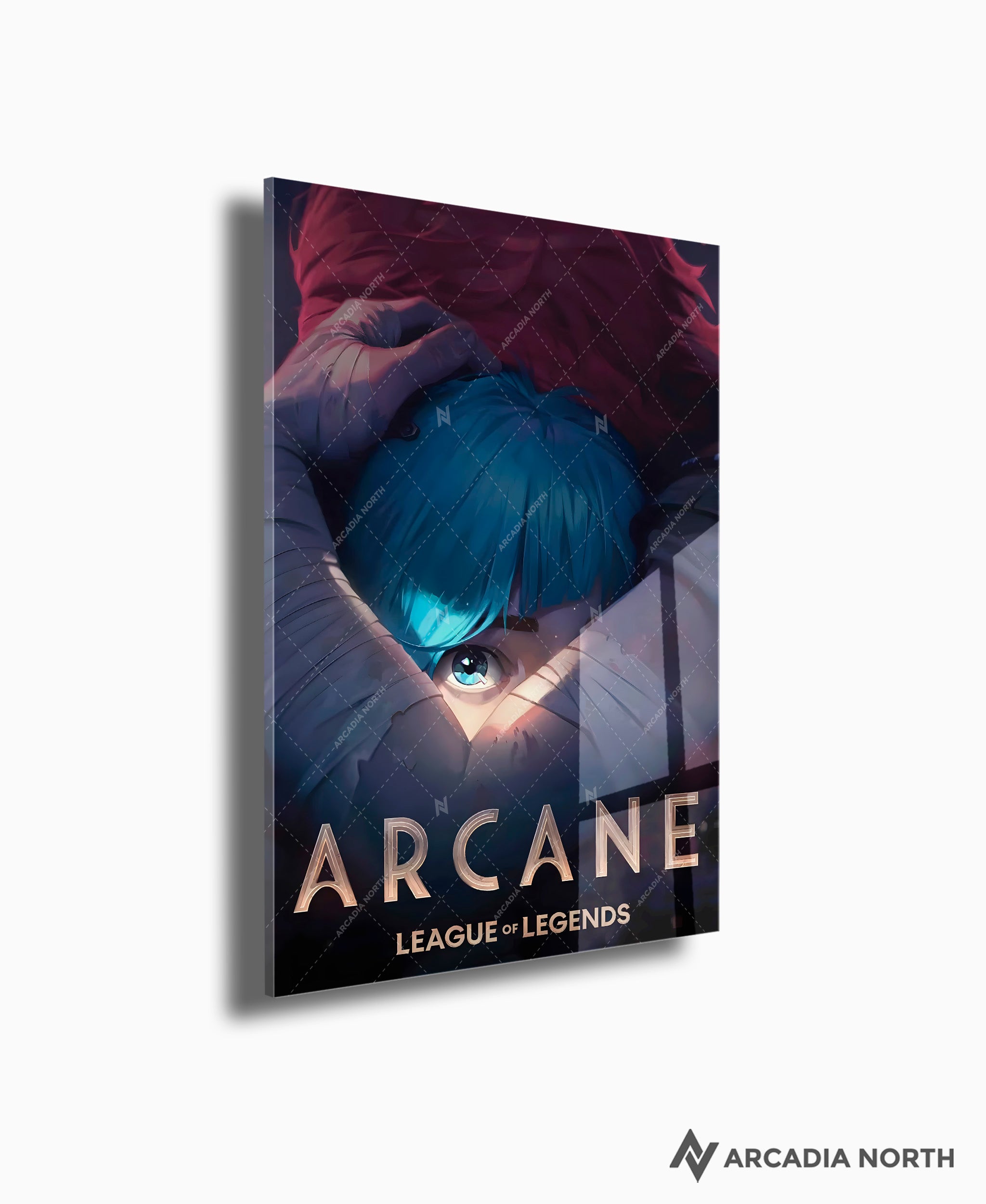 Arcane League of Legends gaming acrylic poster by Arcadia North. Arcane Season 1 Poster with Vi hugging Powder/Jinx. Acrylic wall art printed on acrylic.