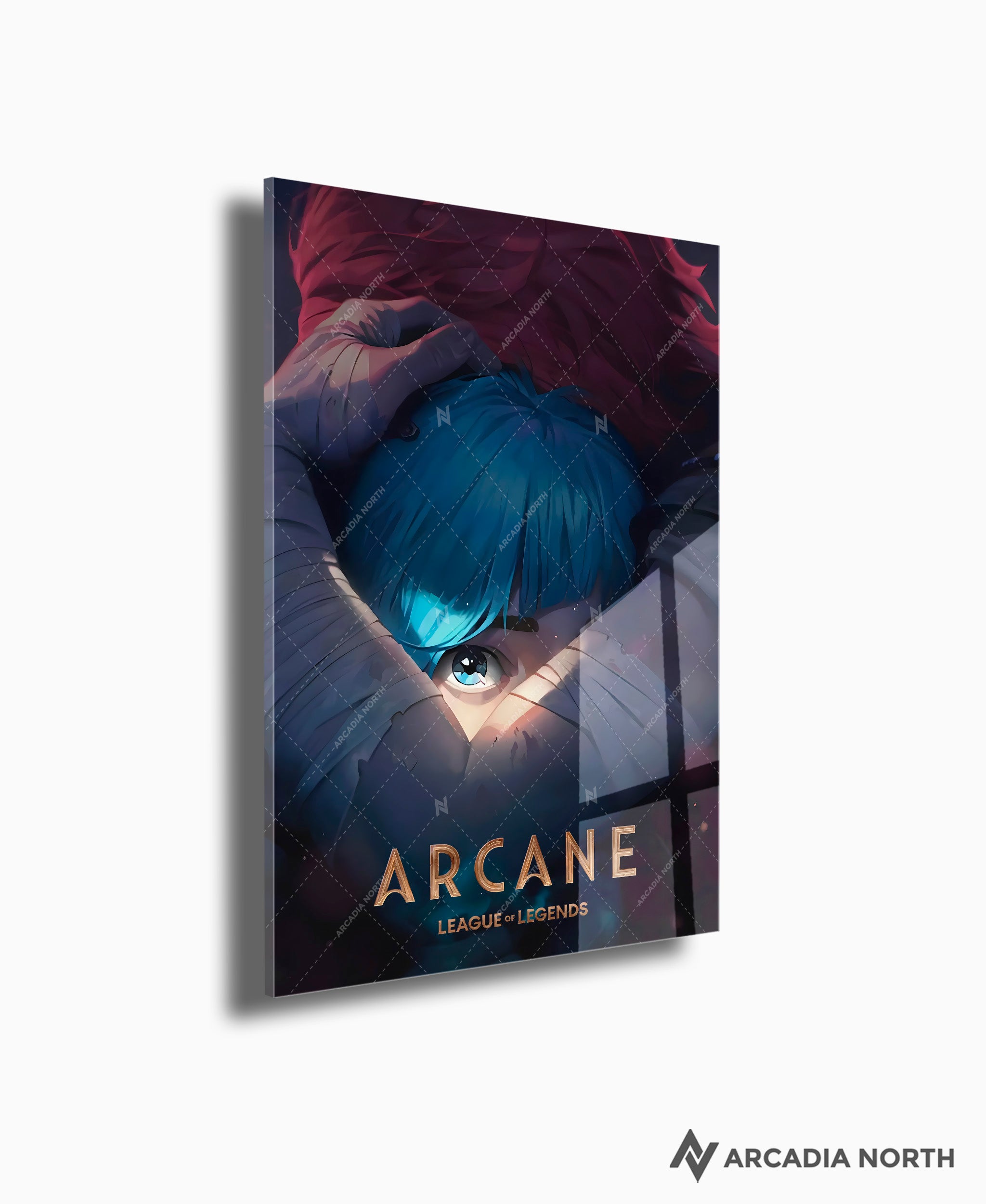 Arcane League of Legends gaming acrylic poster by Arcadia North. Arcane Season 1 Poster with Vi hugging Powder/Jinx. Acrylic wall art printed on acrylic.