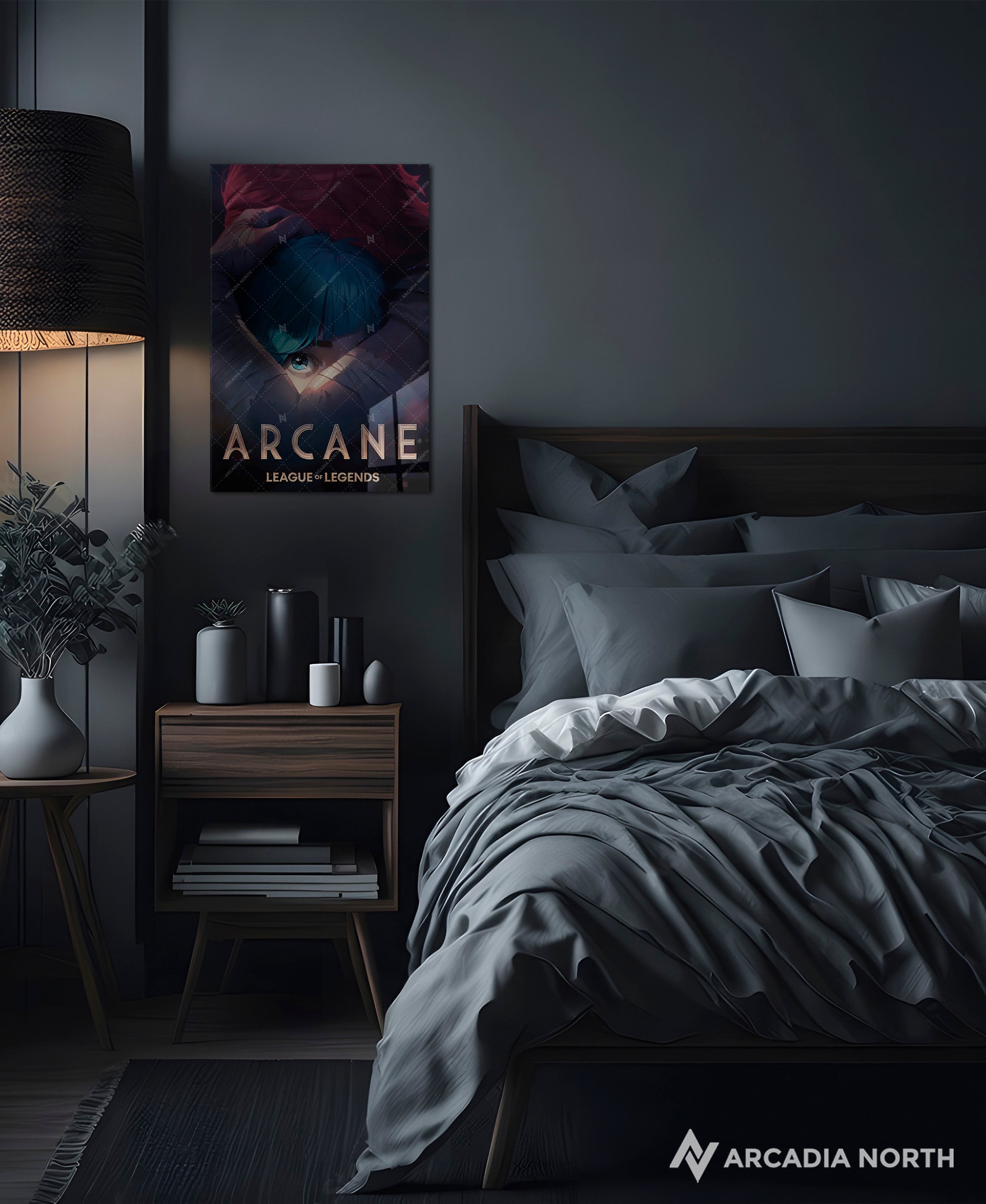 Arcane League of Legends gaming acrylic poster by Arcadia North. Arcane Season 1 Poster with Vi hugging Powder/Jinx. Acrylic wall art printed on acrylic.