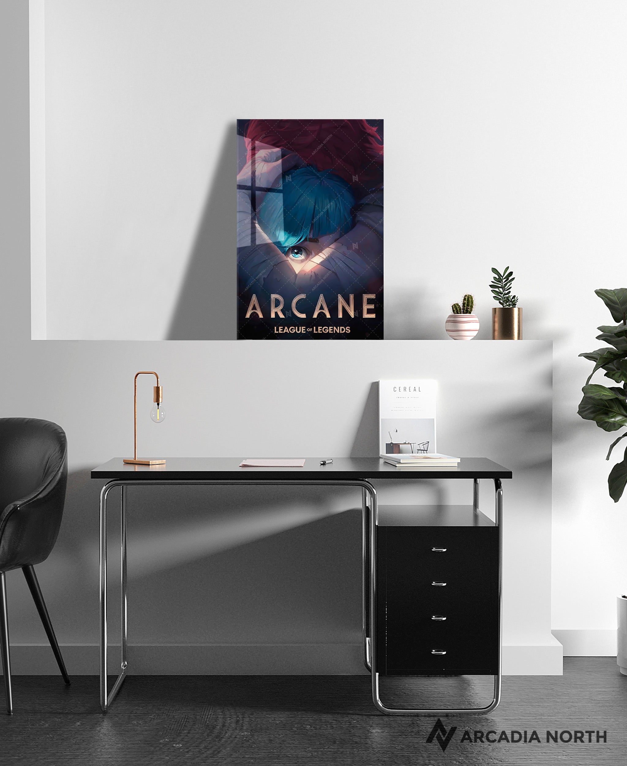 Arcane League of Legends gaming acrylic poster by Arcadia North. Arcane Season 1 Poster with Vi hugging Powder/Jinx. Acrylic wall art printed on acrylic.