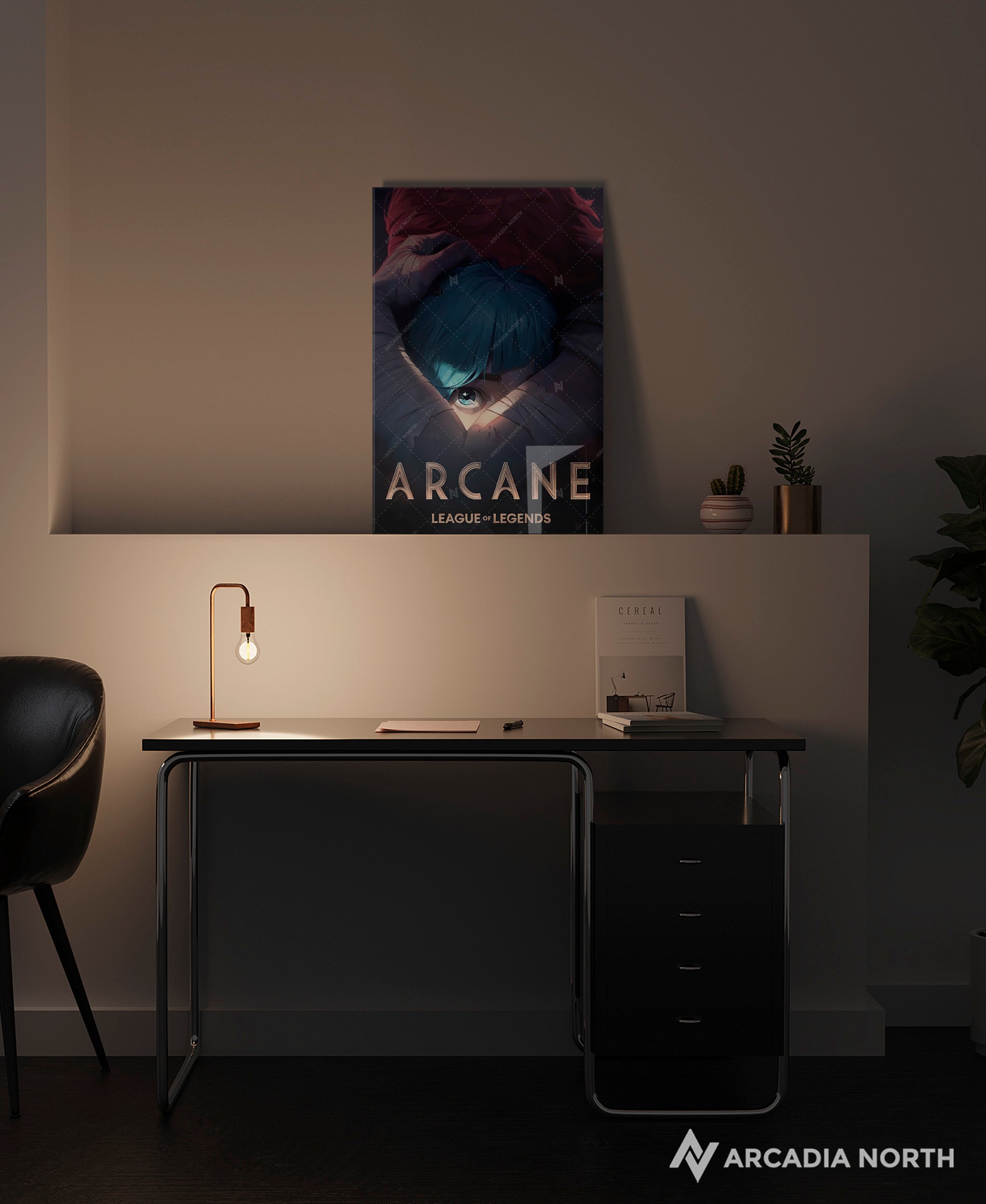 Arcane League of Legends gaming acrylic poster by Arcadia North. Arcane Season 1 Poster with Vi hugging Powder/Jinx. Acrylic wall art printed on acrylic.