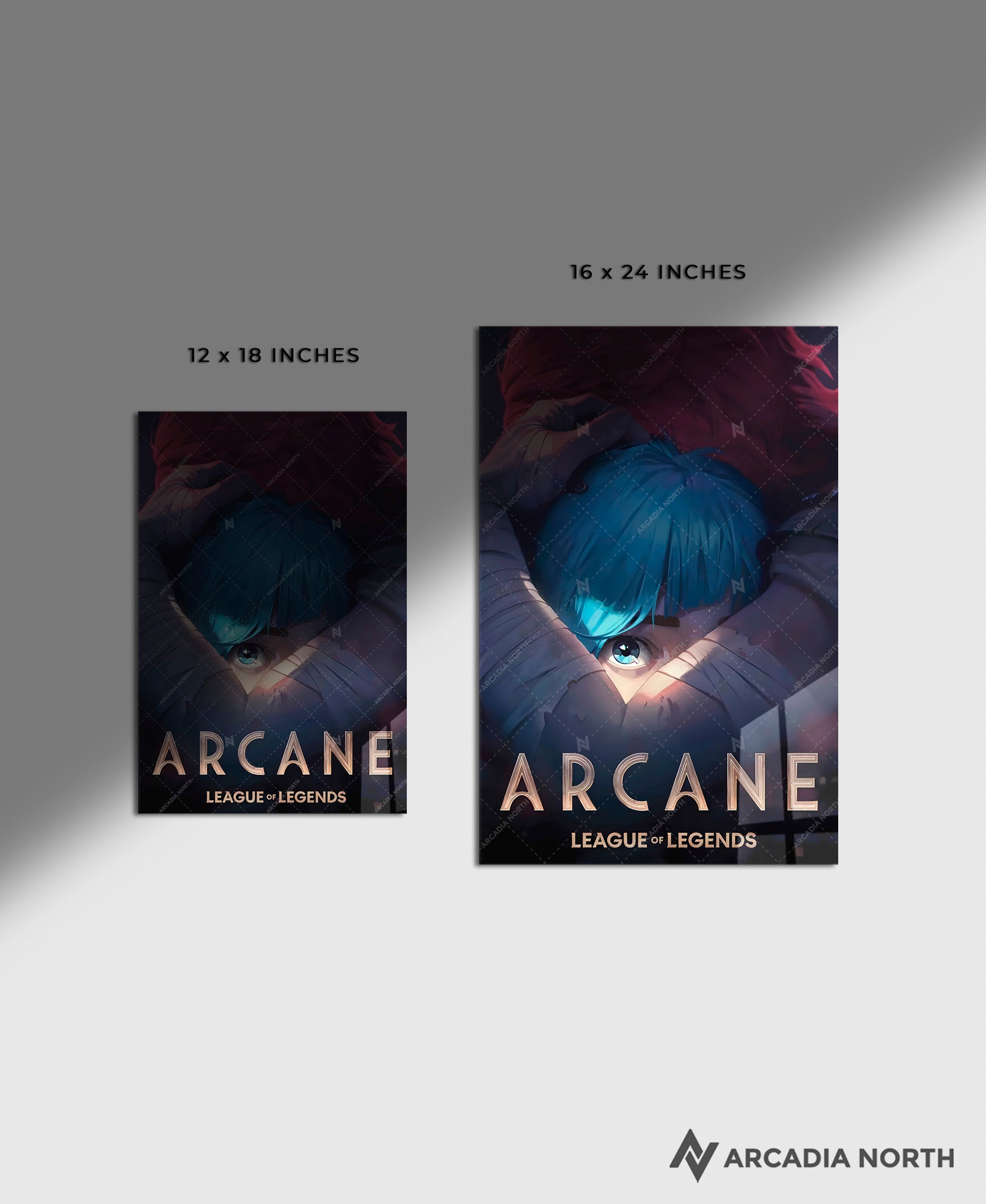 Arcane League of Legends gaming acrylic poster by Arcadia North. Arcane Season 1 Poster with Vi hugging Powder/Jinx. Acrylic wall art printed on acrylic.