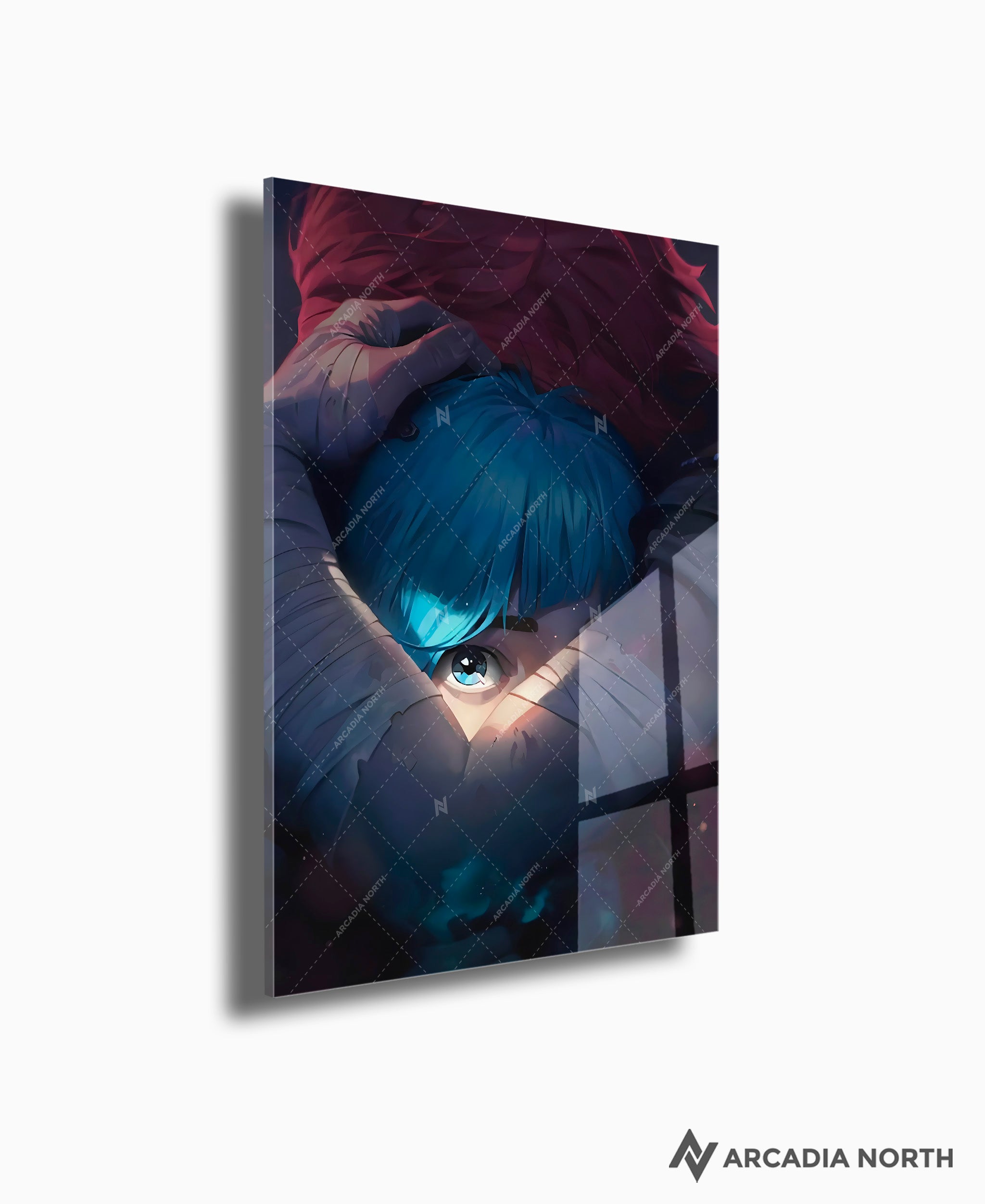 Arcane League of Legends gaming acrylic poster by Arcadia North. Arcane Season 1 Poster no text with Vi hugging Powder/Jinx. Acrylic wall art printed on acrylic.