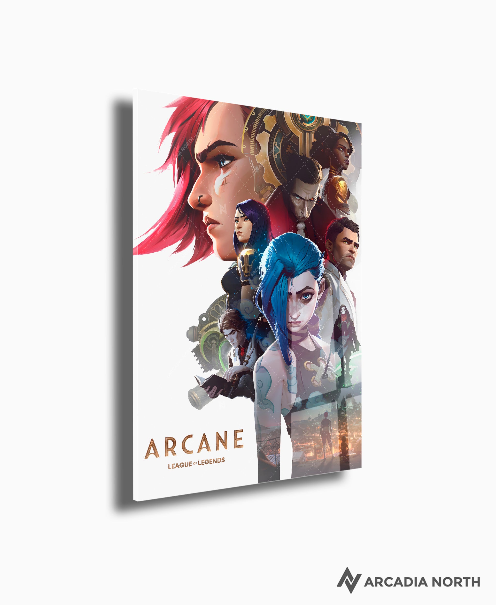 Arcane League of Legends gaming acrylic poster by Arcadia North. Arcane Season 1 Poster with Vi, Powder/Jinx, Caitlyn, Jayce, Viktor, Ekko, Silco, and Mel. Acrylic wall art printed on acrylic.