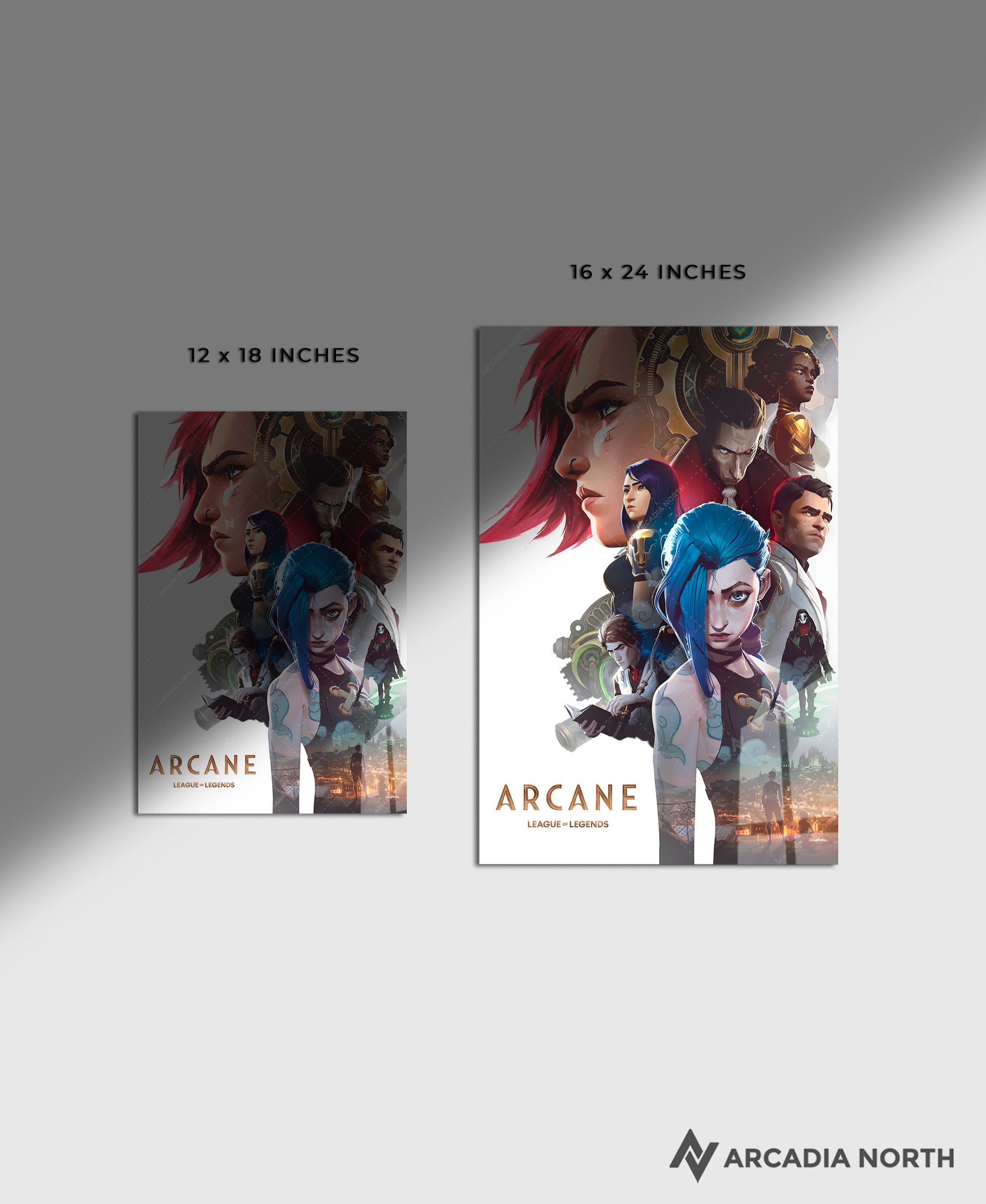 Arcane League of Legends gaming acrylic poster by Arcadia North. Arcane Season 1 Poster with Vi, Powder/Jinx, Caitlyn, Jayce, Viktor, Ekko, Silco, and Mel. Acrylic wall art printed on acrylic.