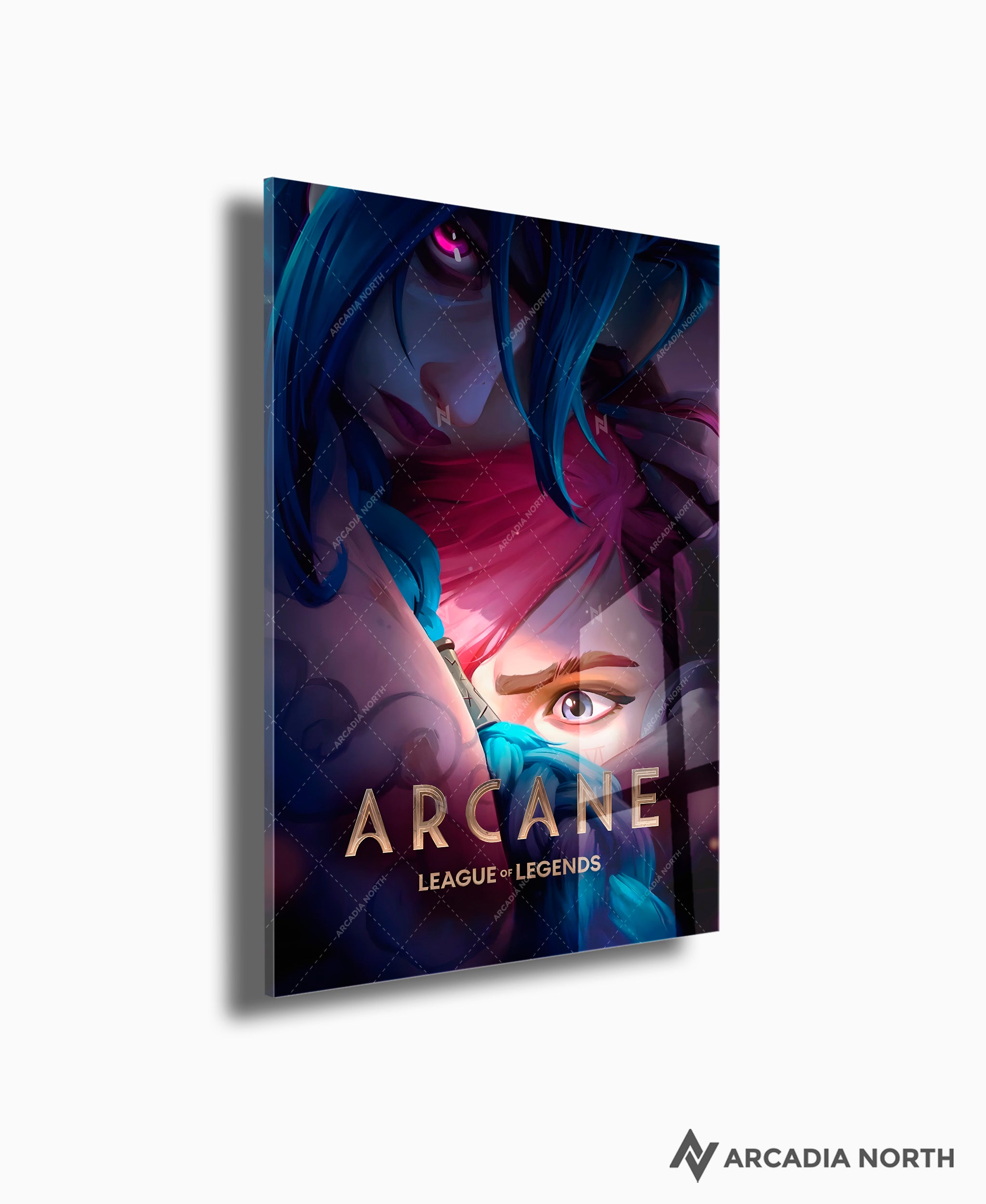 Arcane League of Legends gaming acrylic poster by Arcadia North. Arcane Season 2 Poster with Jinx hugging Vi. Acrylic wall art printed on acrylic.