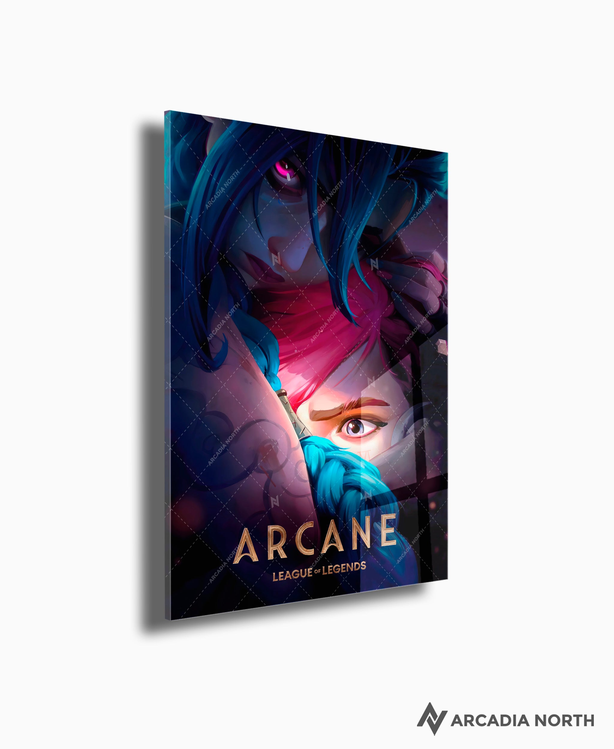 Arcane League of Legends gaming acrylic poster by Arcadia North. Arcane Season 2 Poster with Jinx hugging Vi. Acrylic wall art printed on acrylic.