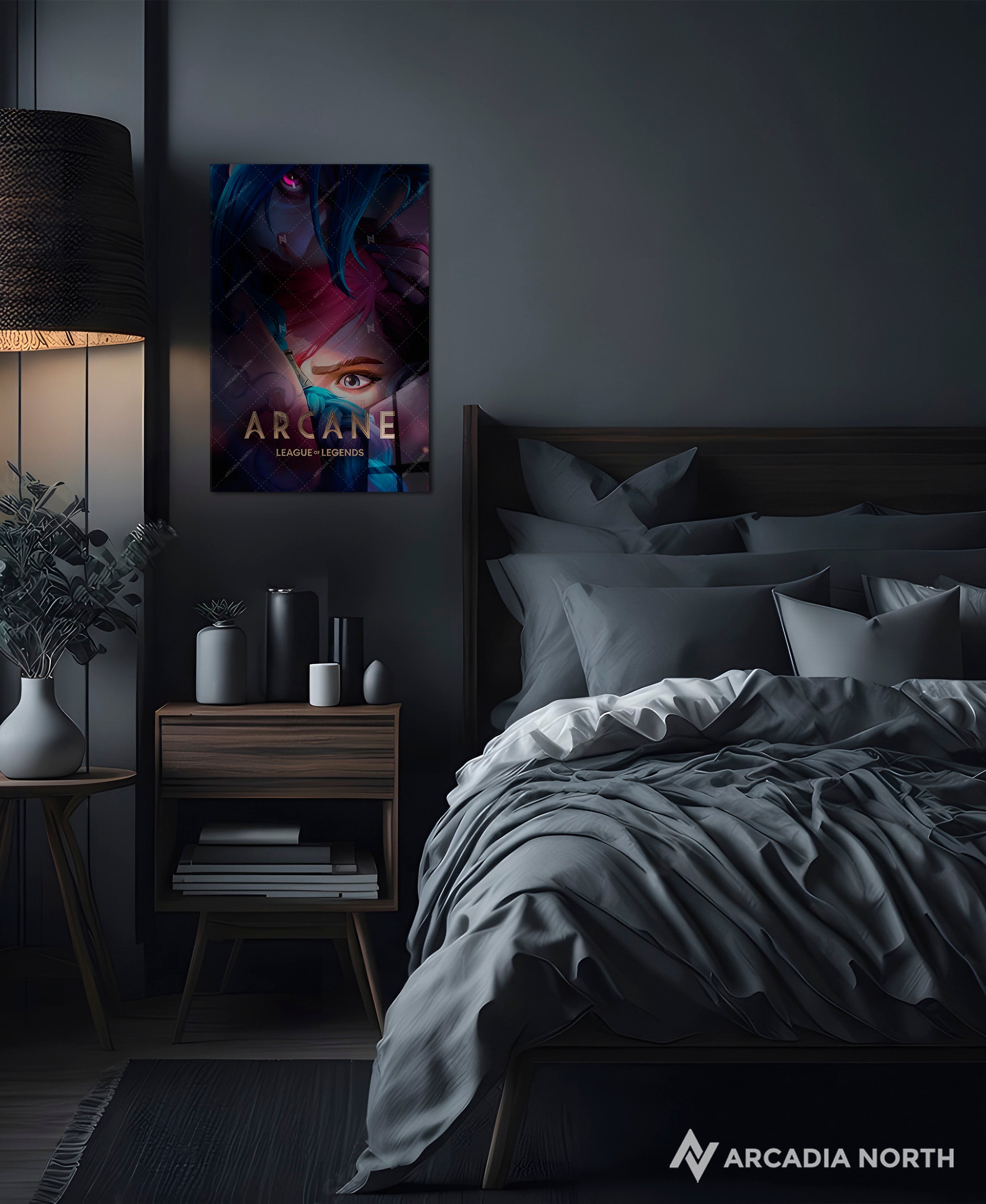 Arcane League of Legends gaming acrylic poster by Arcadia North. Arcane Season 2 Poster with Jinx hugging Vi. Acrylic wall art printed on acrylic.