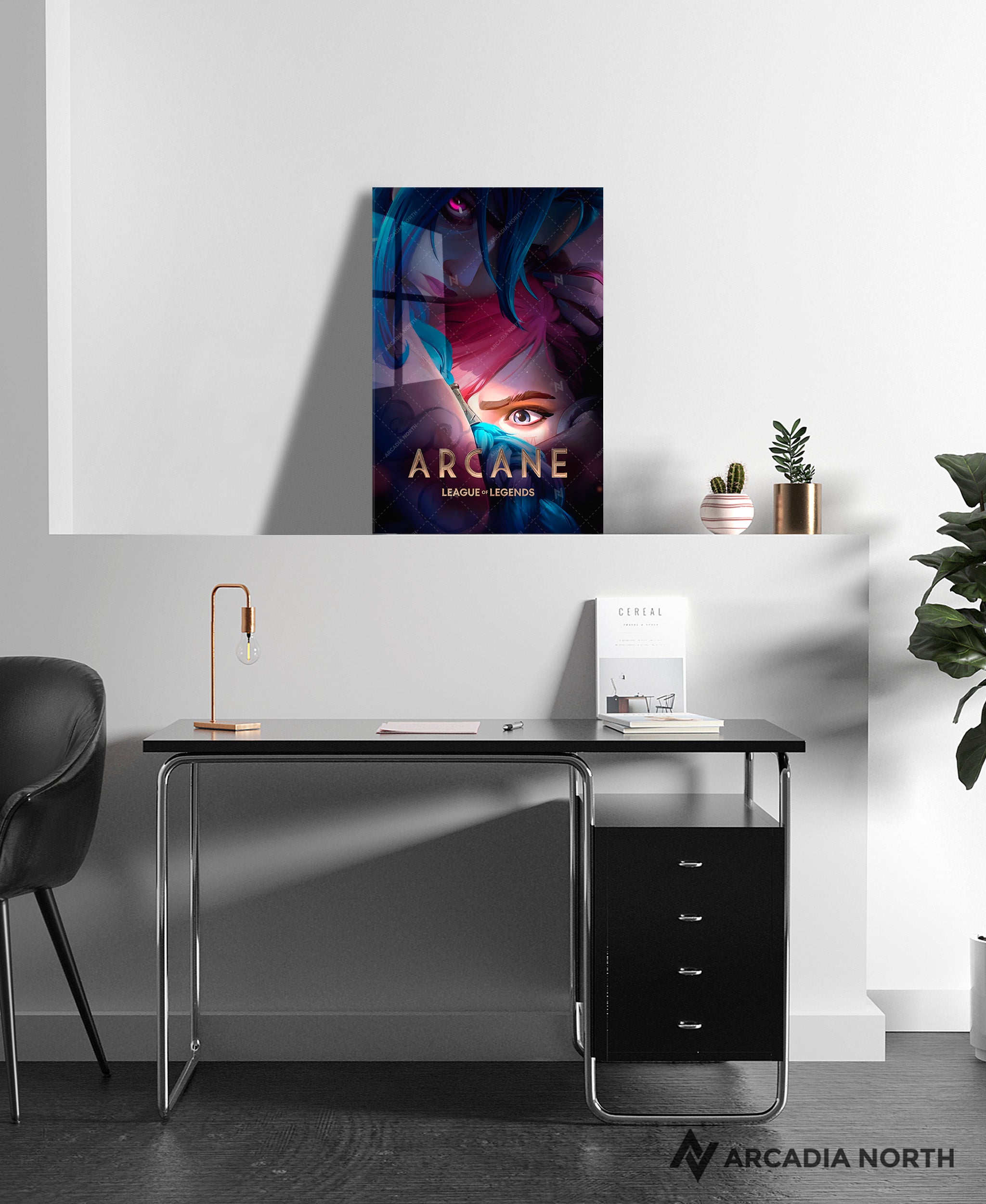 Arcane League of Legends gaming acrylic poster by Arcadia North. Arcane Season 2 Poster with Jinx hugging Vi. Acrylic wall art printed on acrylic.