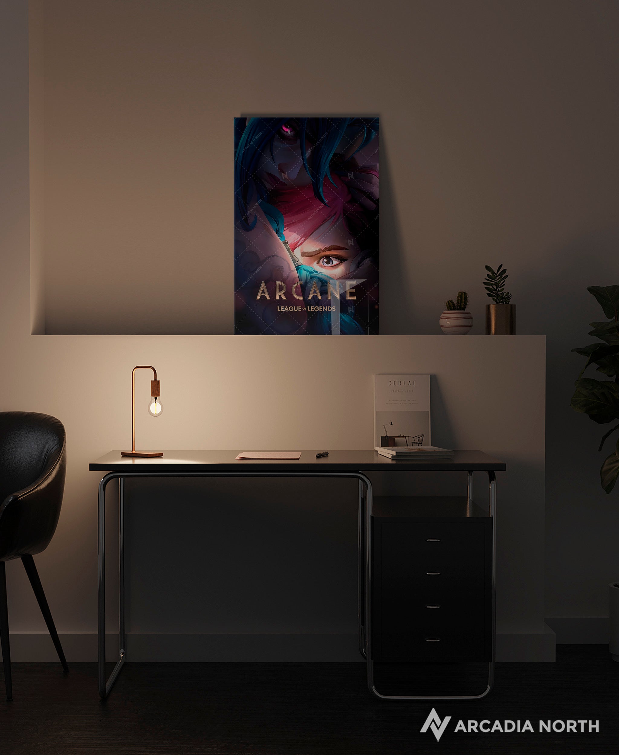 Arcane League of Legends gaming acrylic poster by Arcadia North. Arcane Season 2 Poster with Jinx hugging Vi. Acrylic wall art printed on acrylic.