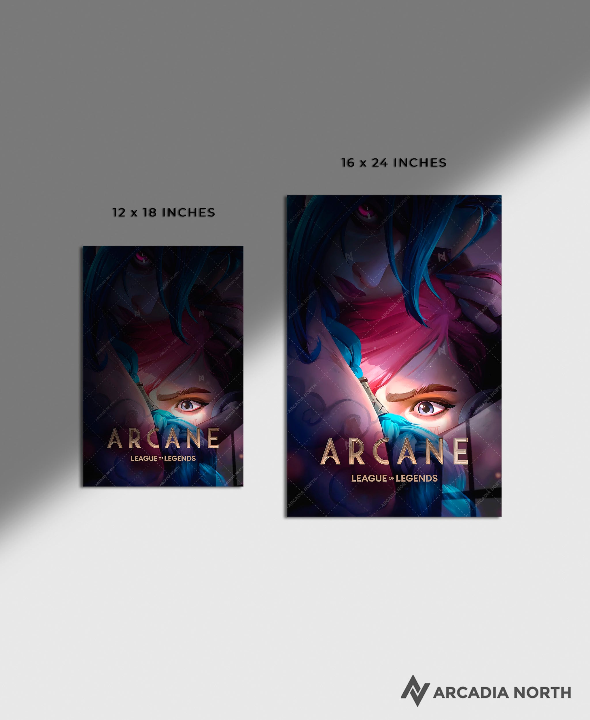 Arcane League of Legends gaming acrylic poster by Arcadia North. Arcane Season 2 Poster with Jinx hugging Vi. Acrylic wall art printed on acrylic.